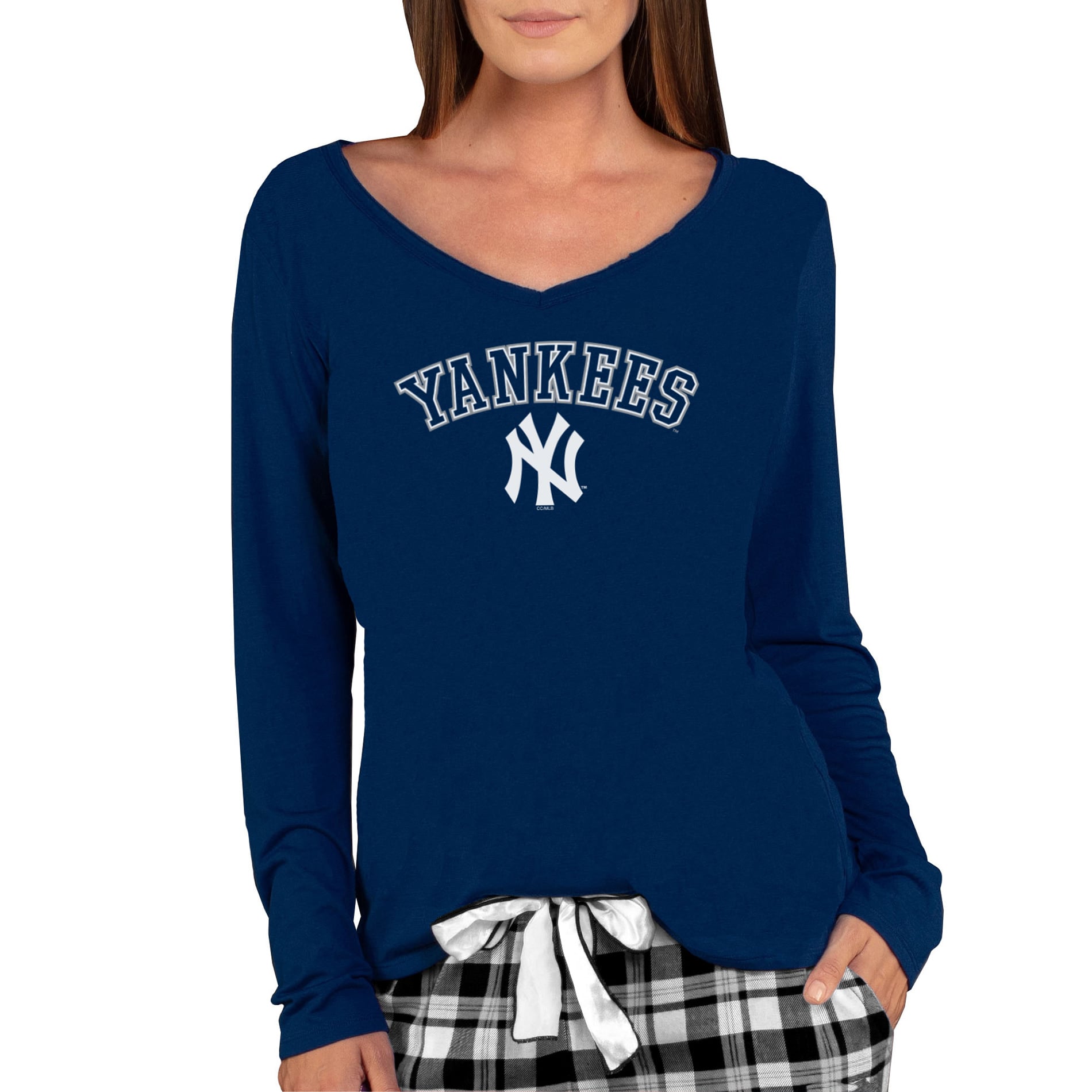 T-shirt à manches longues et col en V maille marine New York Yankees Marathon pour femme de la marque Concepts Sport
