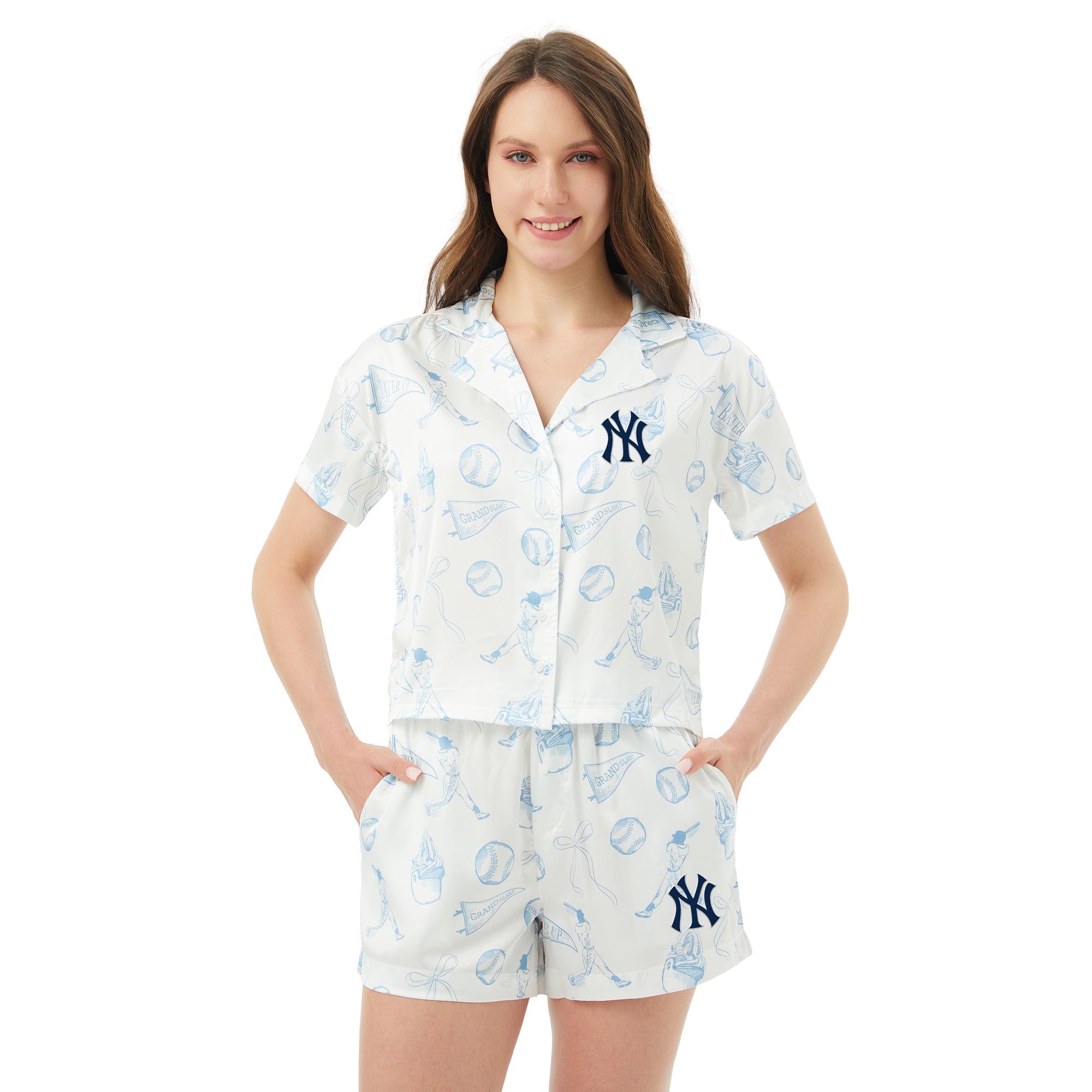 Women's Concepts Sport  White New York Yankees Hilton Satin Allover Print Button-Up Shirt & Shorts Set