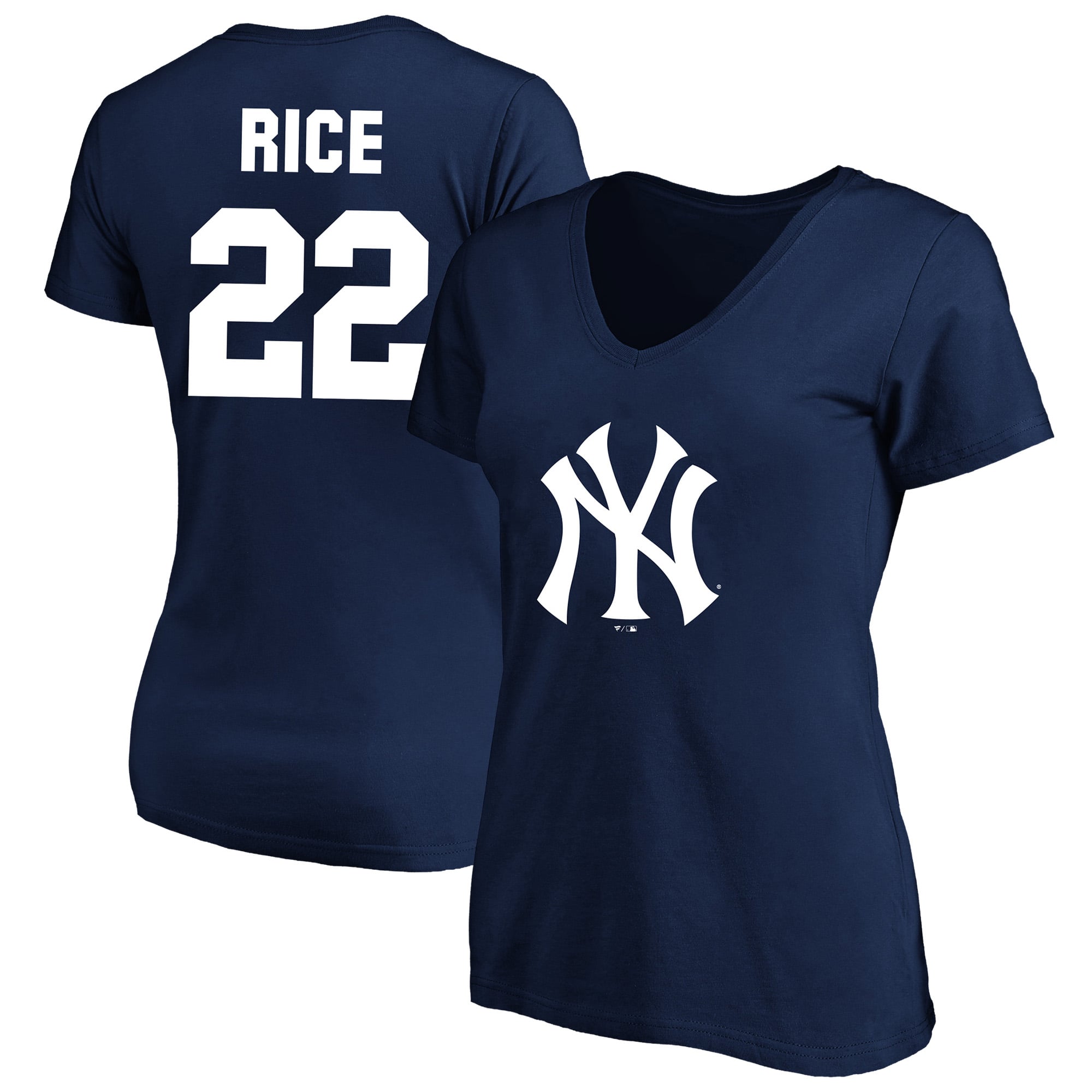 T-shirt à col en V pour femme Fanatics Ben Rice, bleu marine, New York Yankees, grandes tailles, nom et numéro