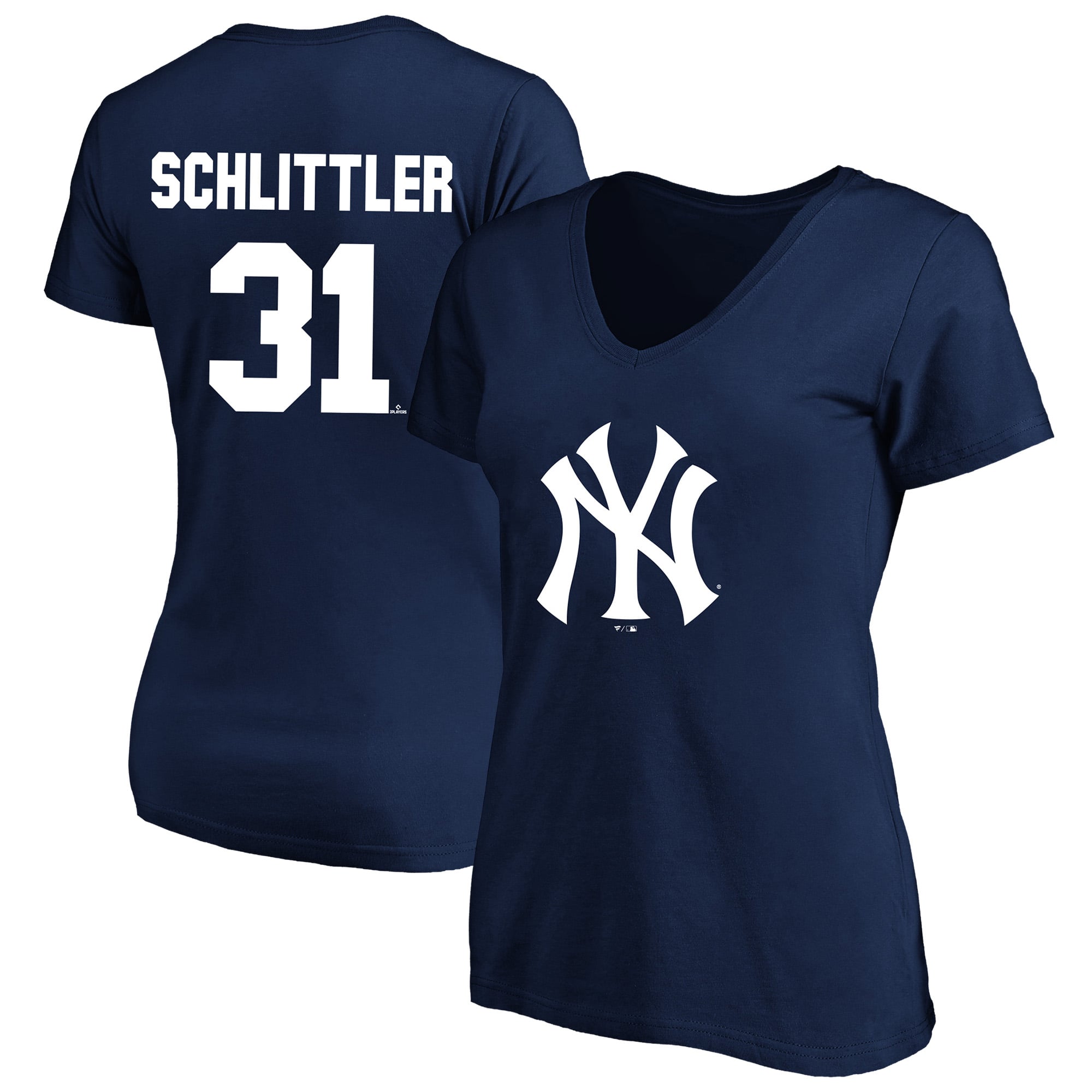 T-shirt à col en V pour femme Fanatics Cam Schlittler bleu marine New York Yankees, grandes tailles, nom et numéro