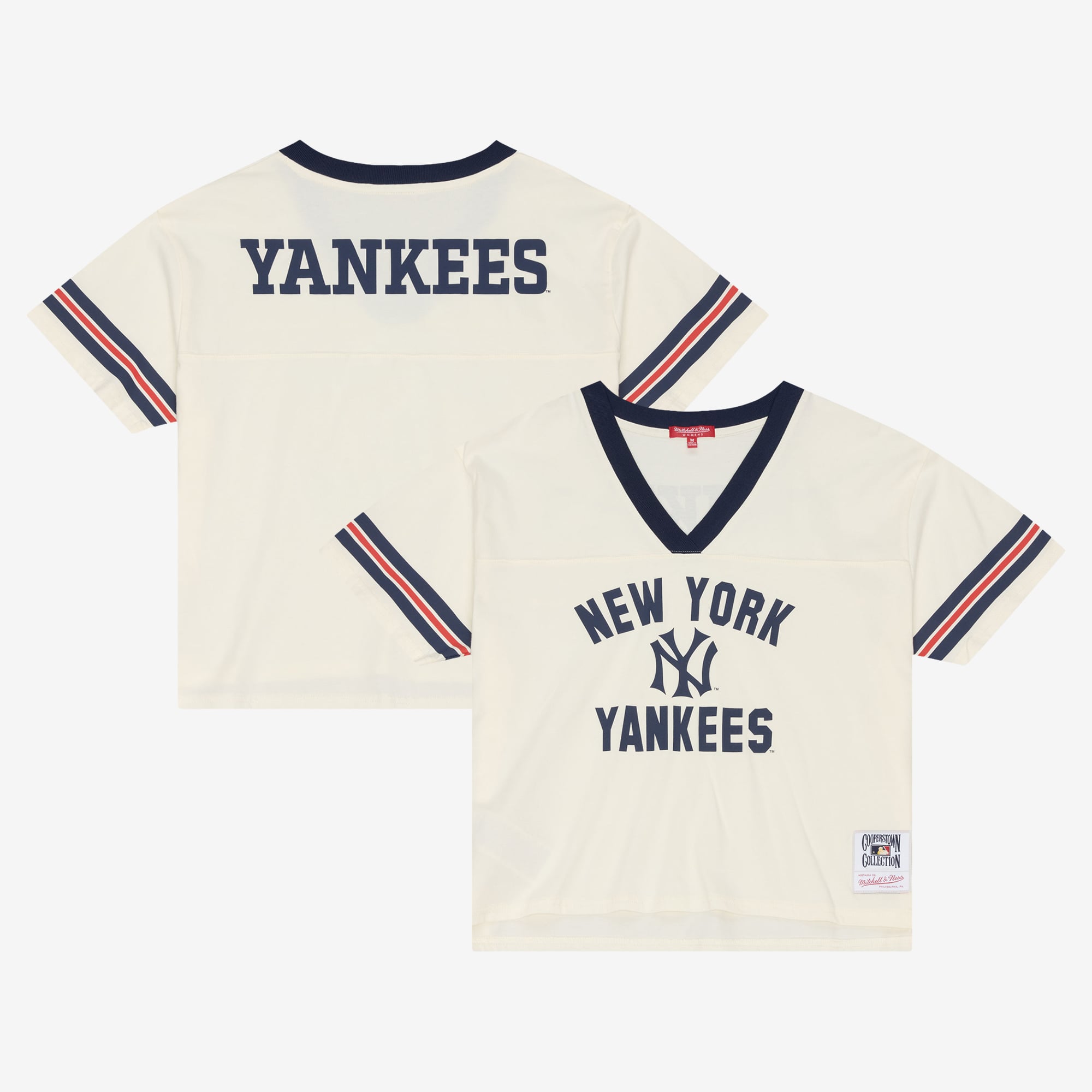 T-shirt Mitchell & Ness crème pour femme, New York Yankees, collection rétro Roots Hardwood Classics, coupe courte carrée et col en V