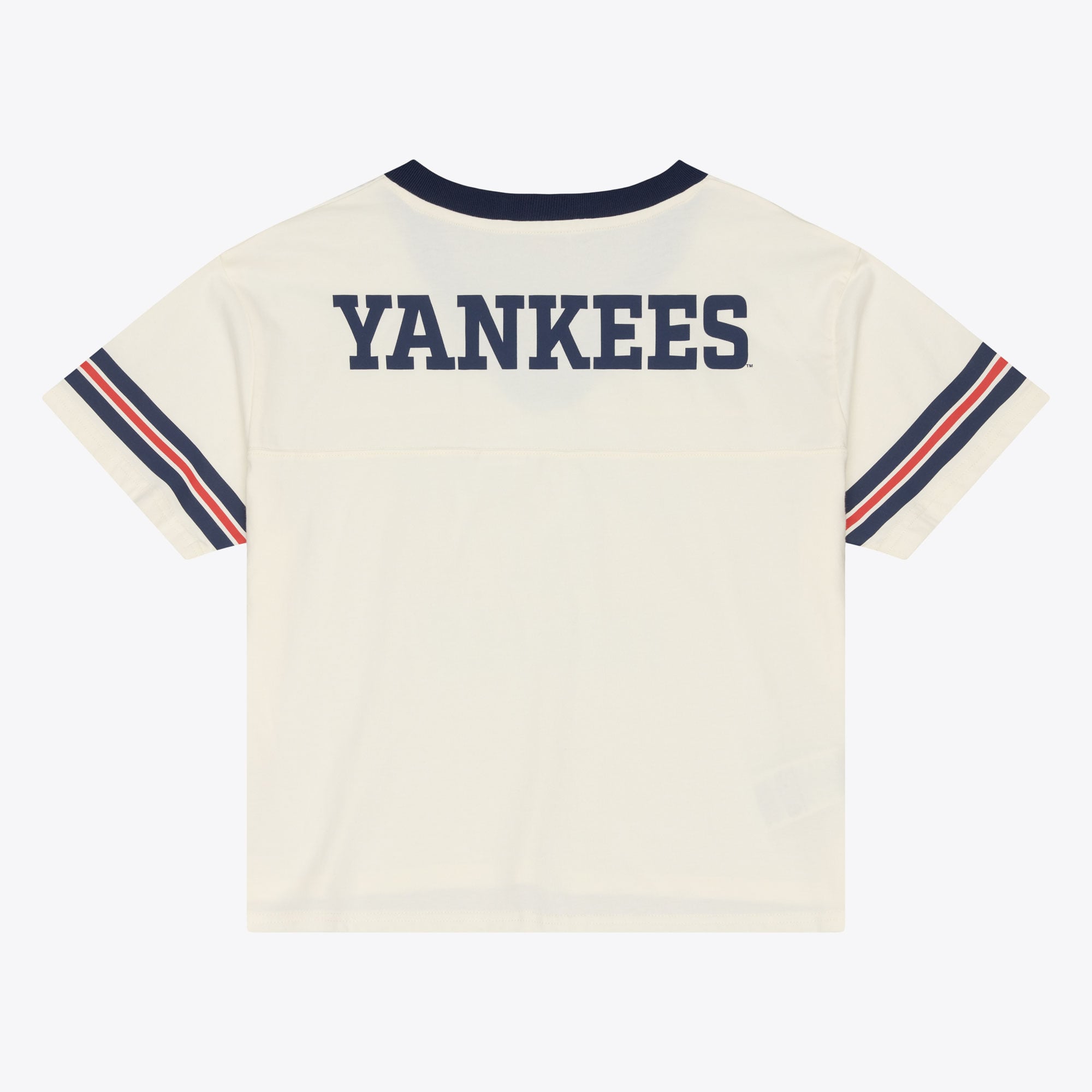 T-shirt Mitchell & Ness crème pour femme, New York Yankees, collection rétro Roots Hardwood Classics, coupe courte carrée et col en V