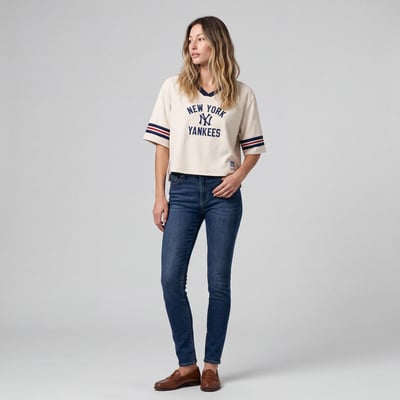  New York Yankees Mitchell & Ness Women's Retro Roots Hardwood Classics Cropped Boxy Yoke V-Neck T-Shirt - Cream