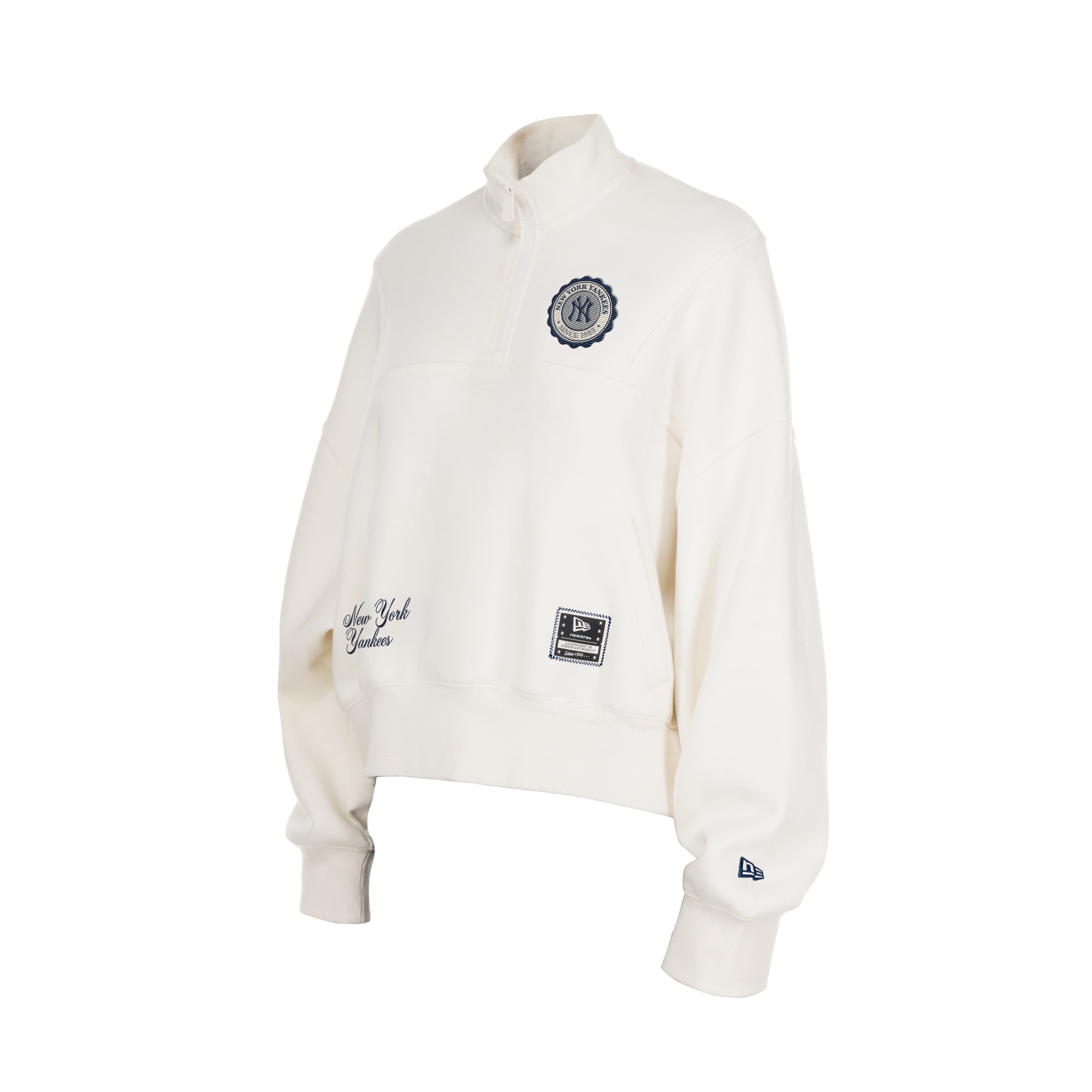 Pull polaire New Era beige clair pour femme, motif York Yankees Dune Dust, fermeture éclair 1/4