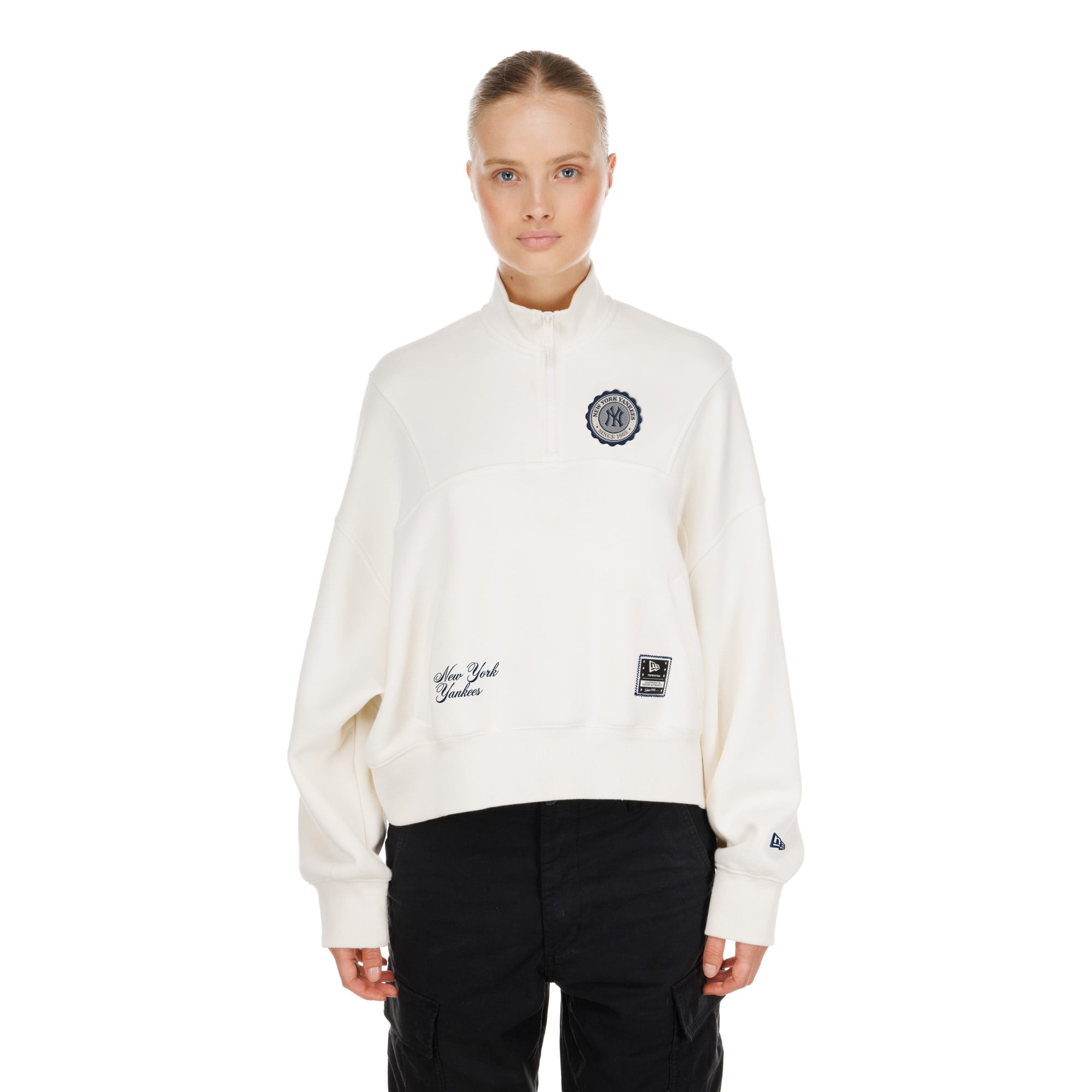 Pull polaire New Era beige clair pour femme, motif York Yankees Dune Dust, fermeture éclair 1/4