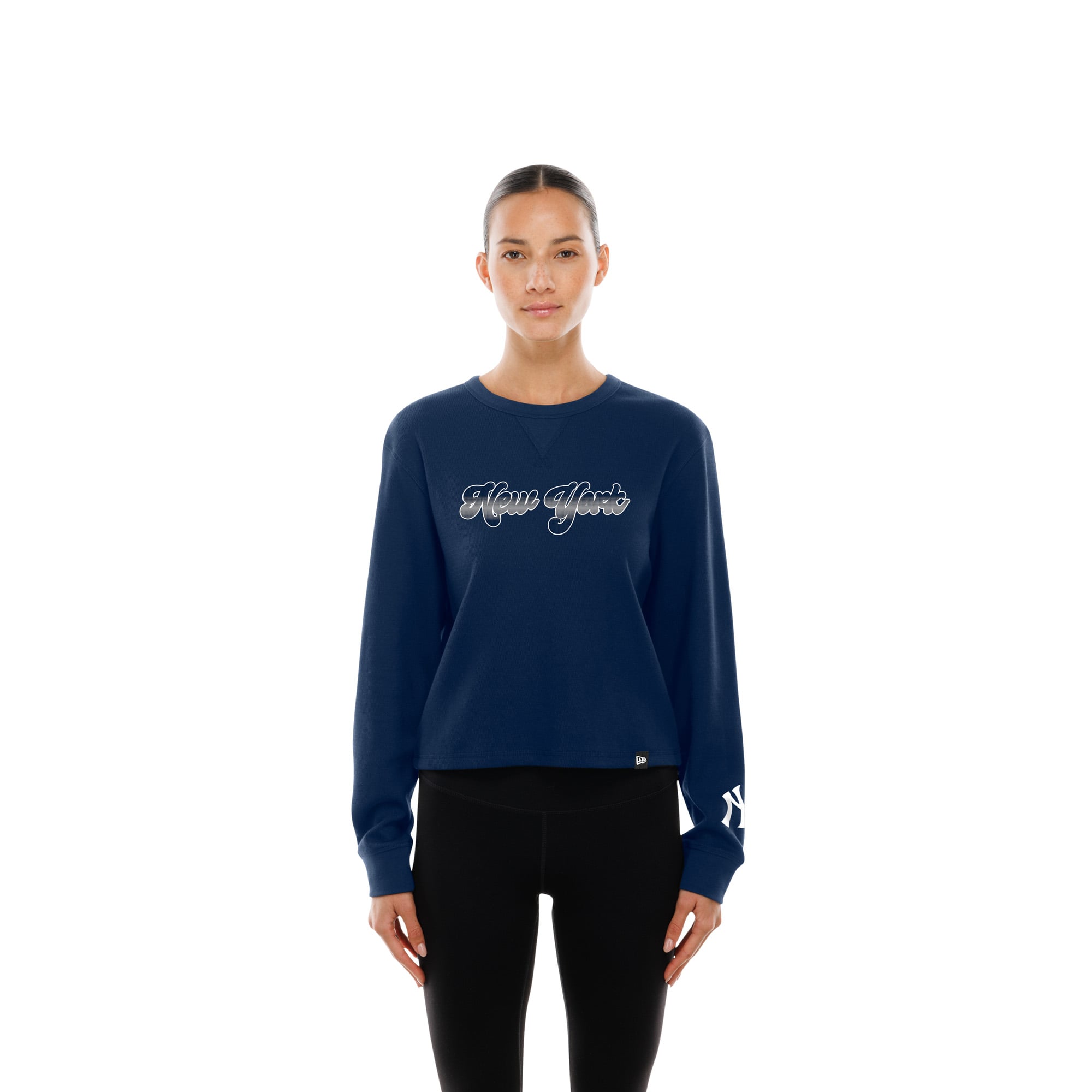 T-shirt thermique à manches longues New Era bleu marine pour femme, collection York Yankees Fan.
