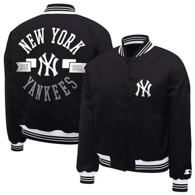  New York Yankees Starter Women's Printed Logo Cropped Satin Varsity Full-Snap Jacket - Black