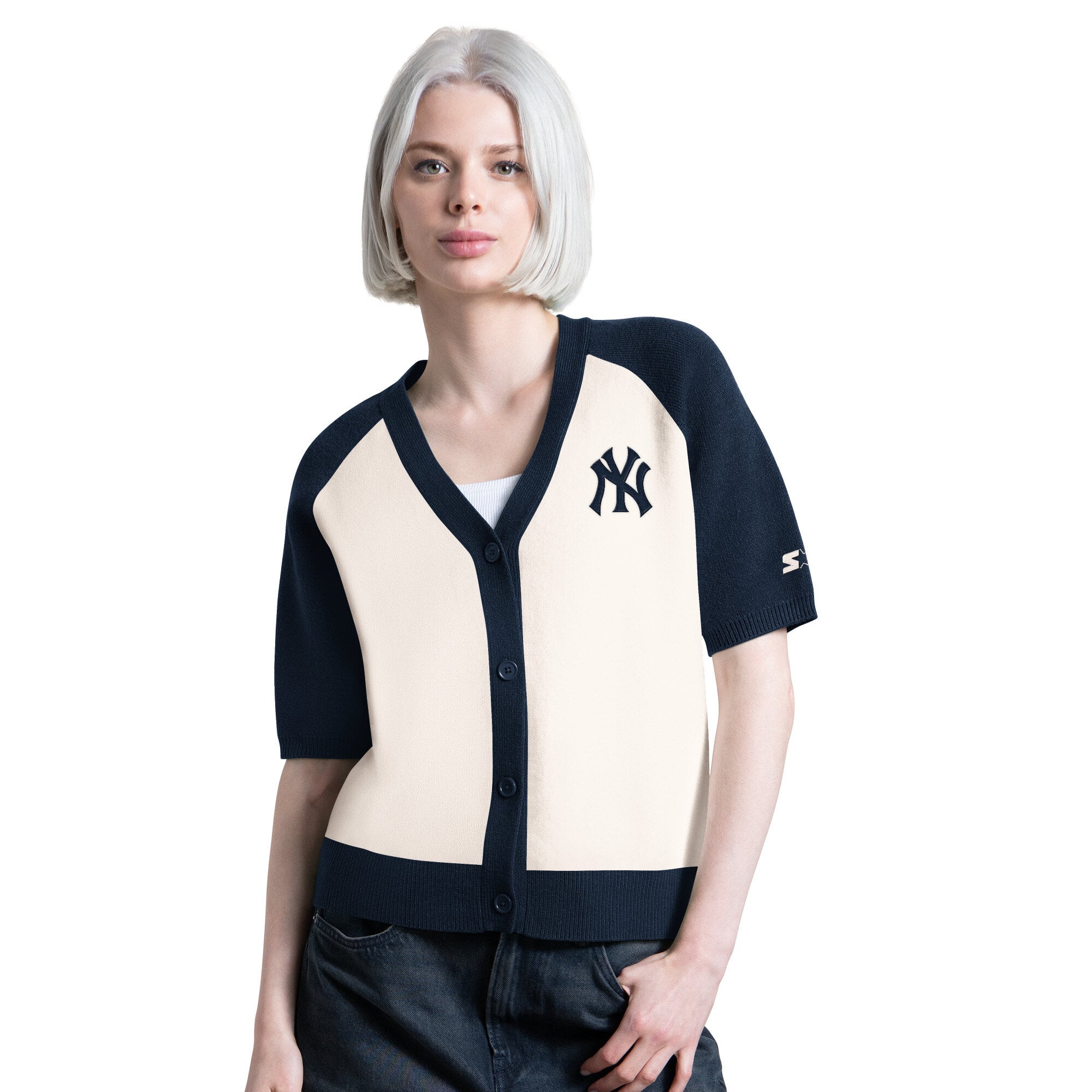 Pull court à manches raglan boutonné Starter Cream pour femme, collection Cooperstown des Yankees de New York, modèle Key Player, en mélange trois matières.