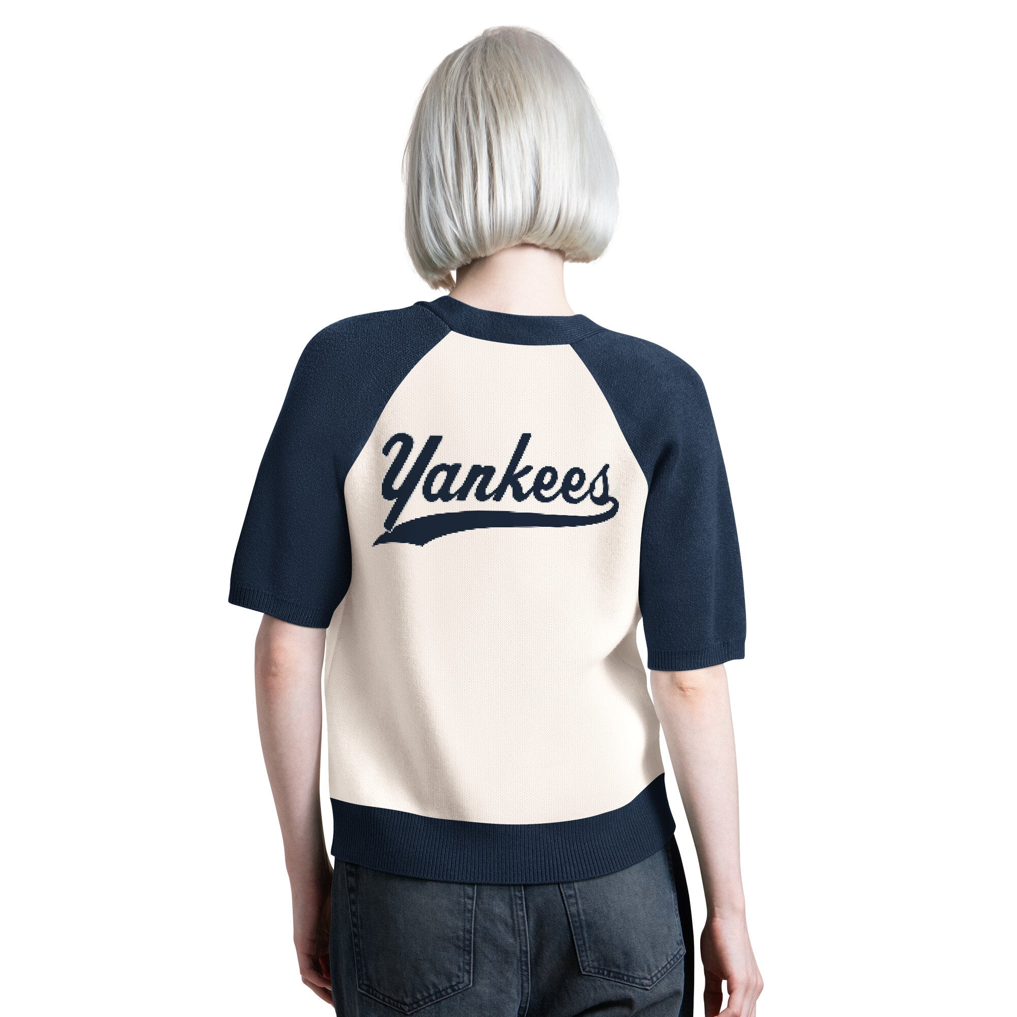 Pull court à manches raglan boutonné Starter Cream pour femme, collection Cooperstown des Yankees de New York, modèle Key Player, en mélange trois matières.