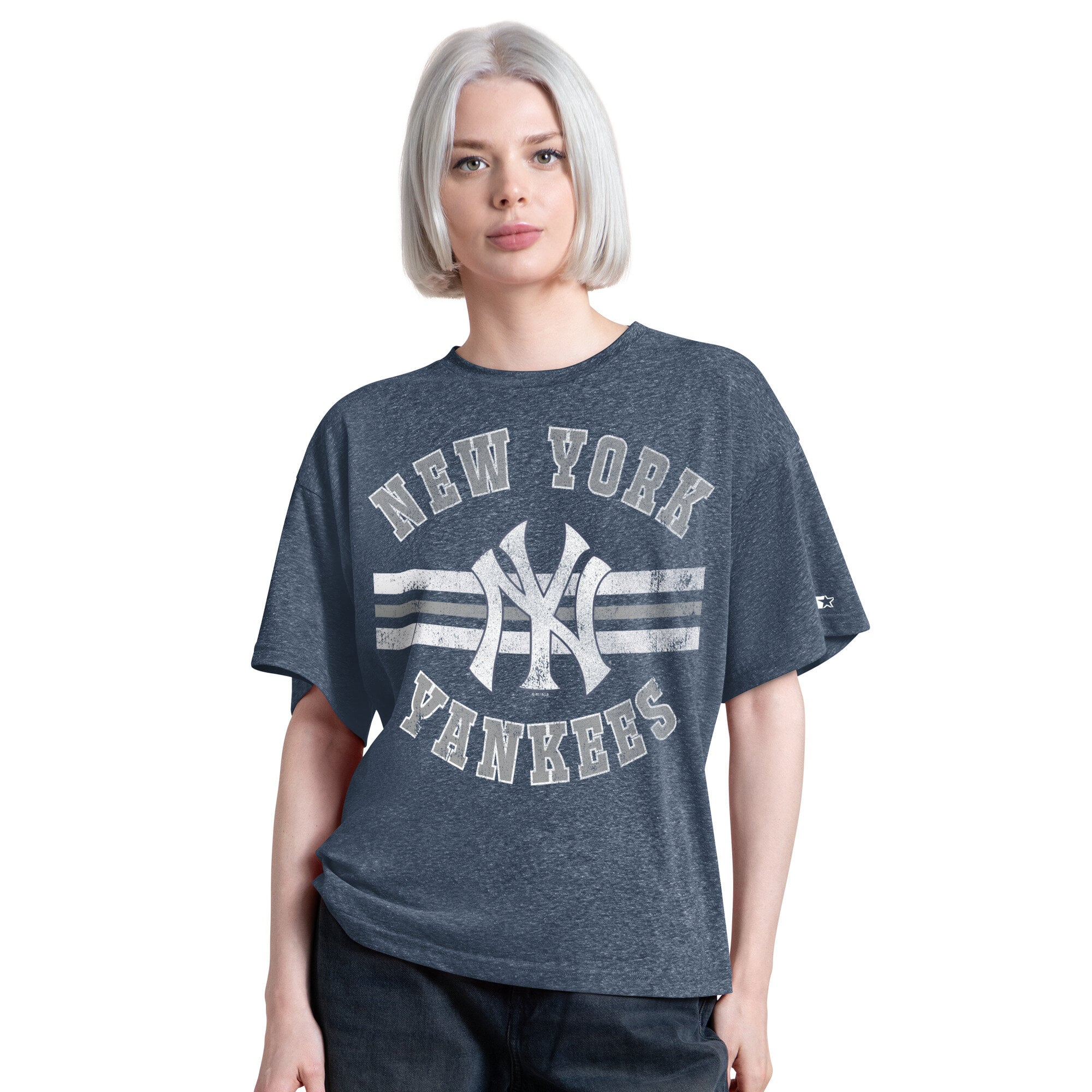 T-shirt Starter pour femme, bleu marine, New York Yankees, Jump Shot Boyfriend, mélange de trois matières