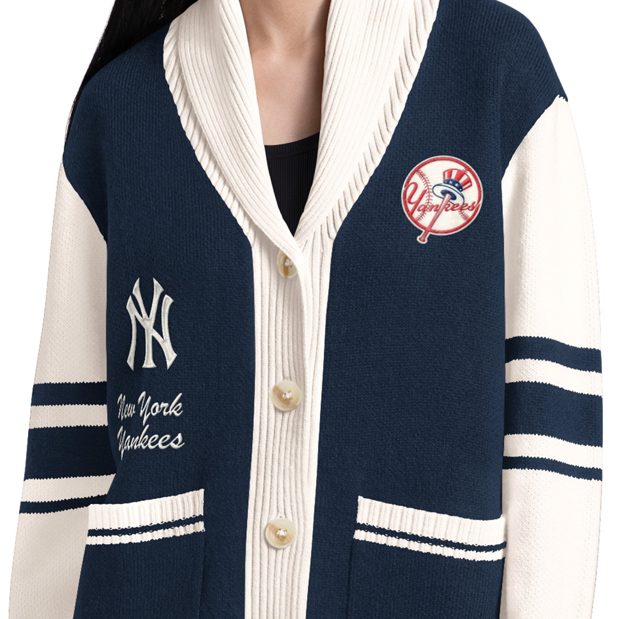 Gilet boutonné Starter bleu marine pour femme, motif zone de frappe des Yankees New York
