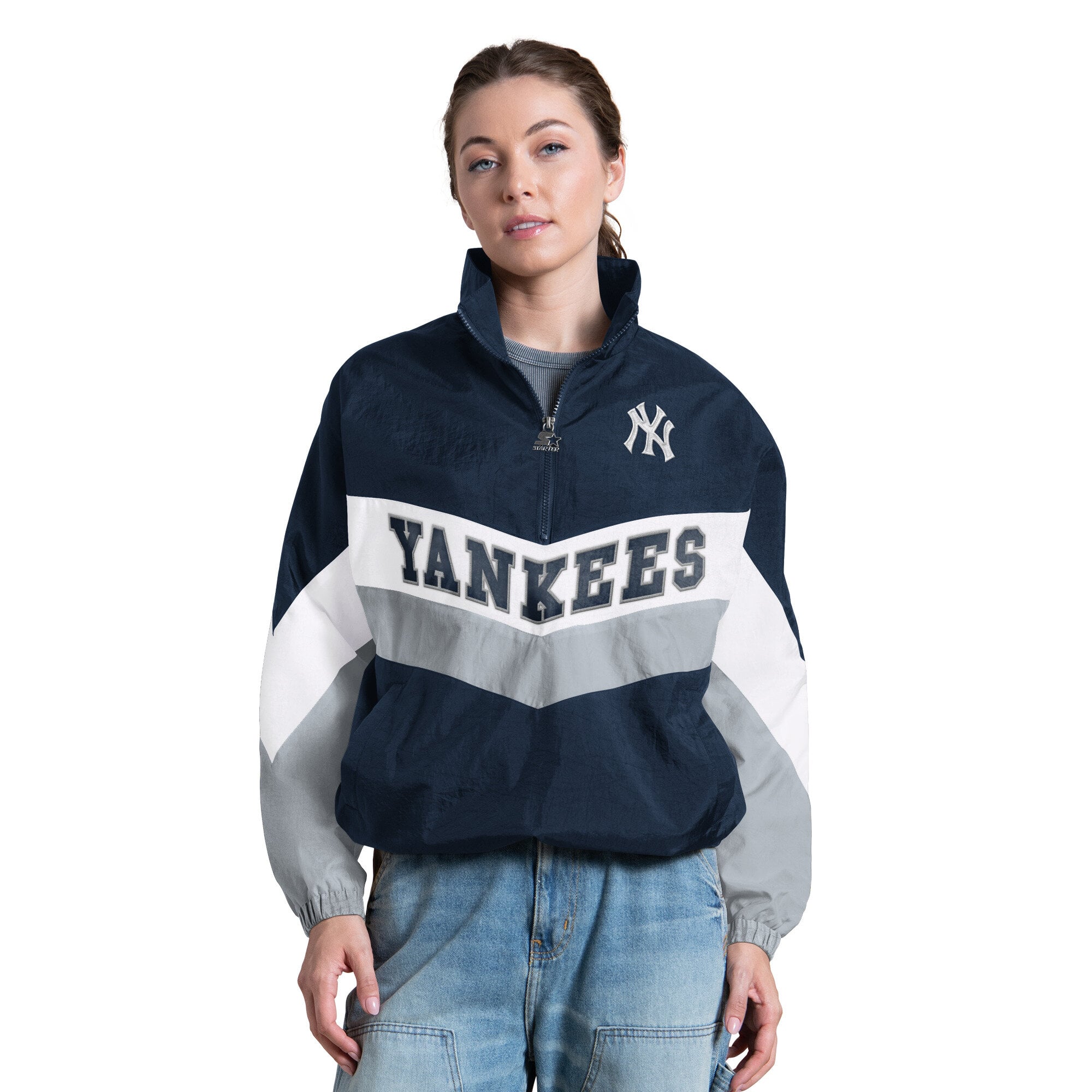 Pull à col zippé Starter bleu marine New York Yankees pour femme