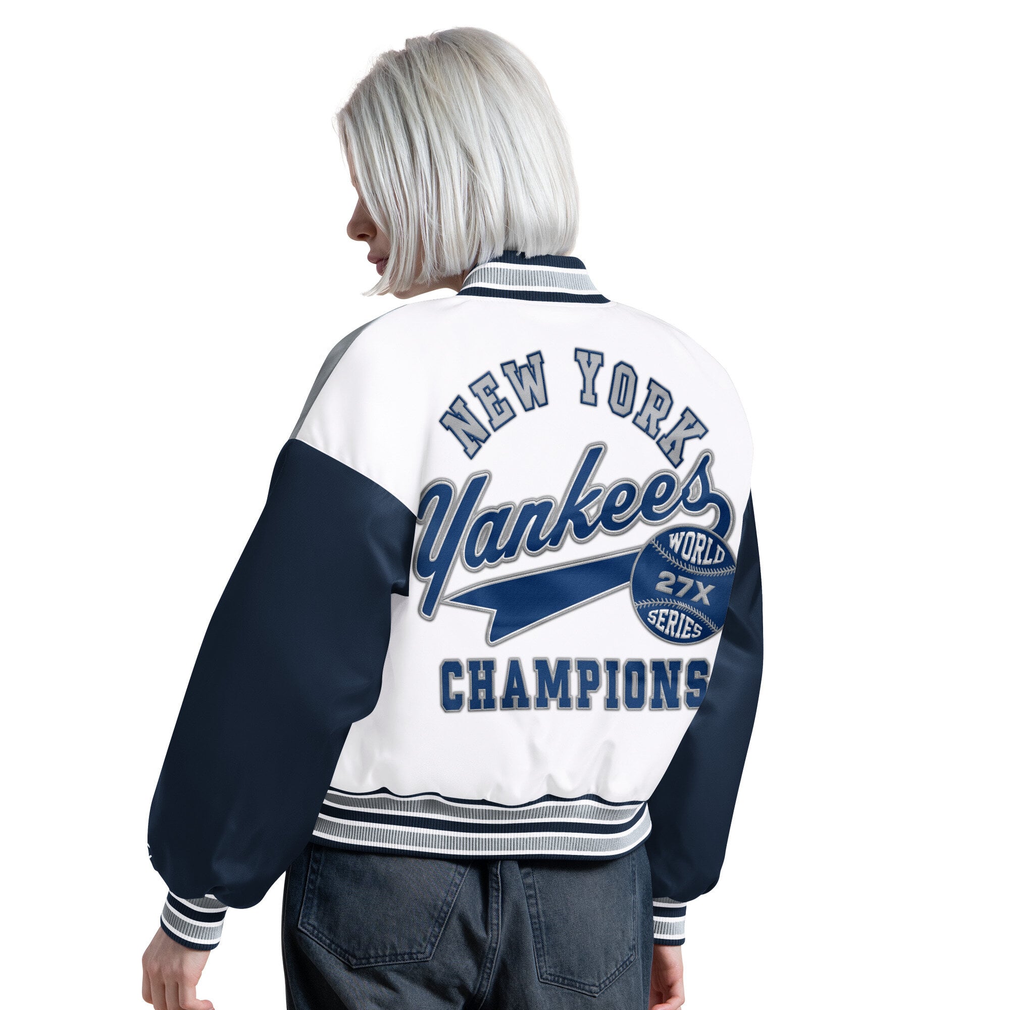 Veste universitaire Starter blanche pour femme, modèle Game On des Yankees de New York, à boutons-pression.