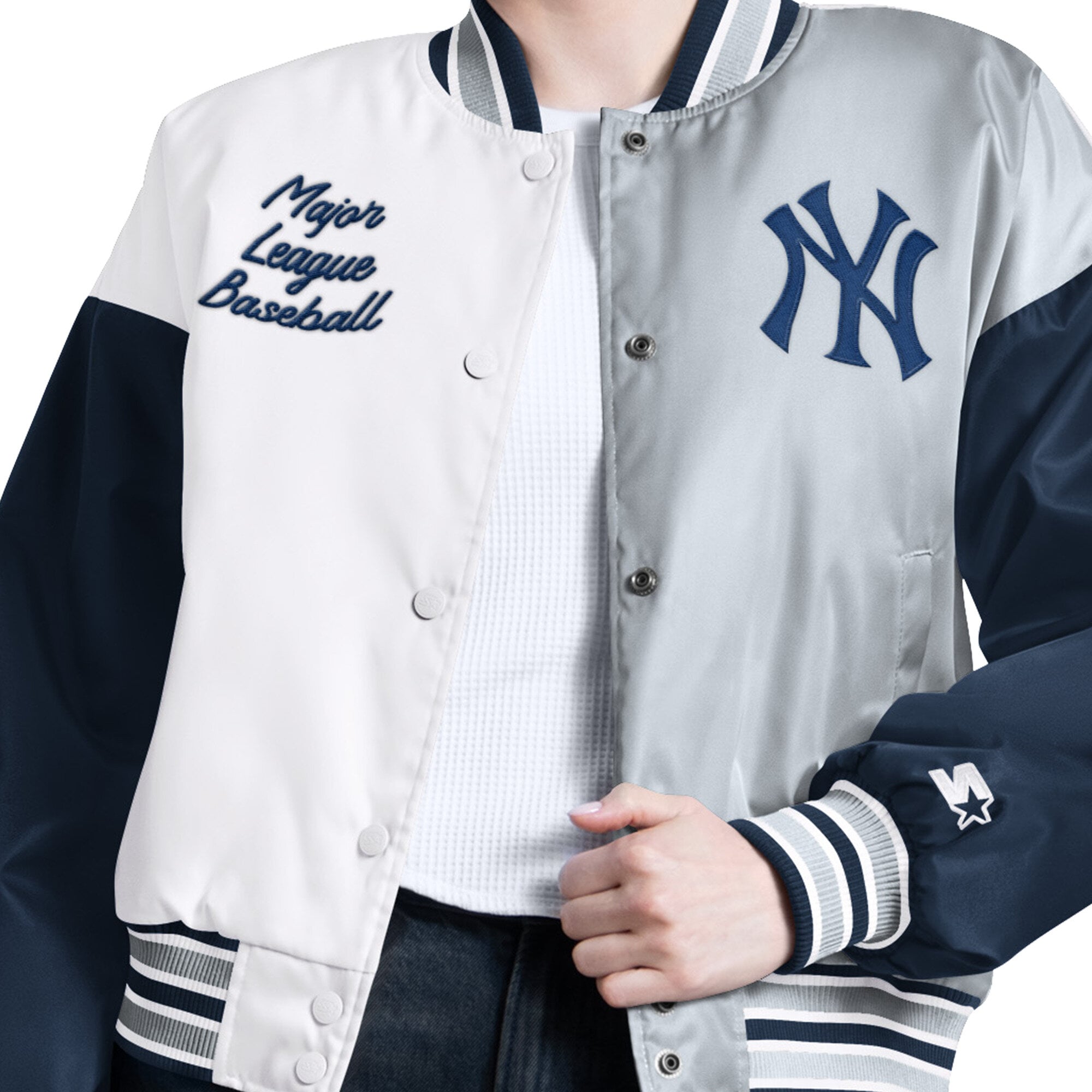 Veste universitaire Starter blanche pour femme, modèle Game On des Yankees de New York, à boutons-pression.