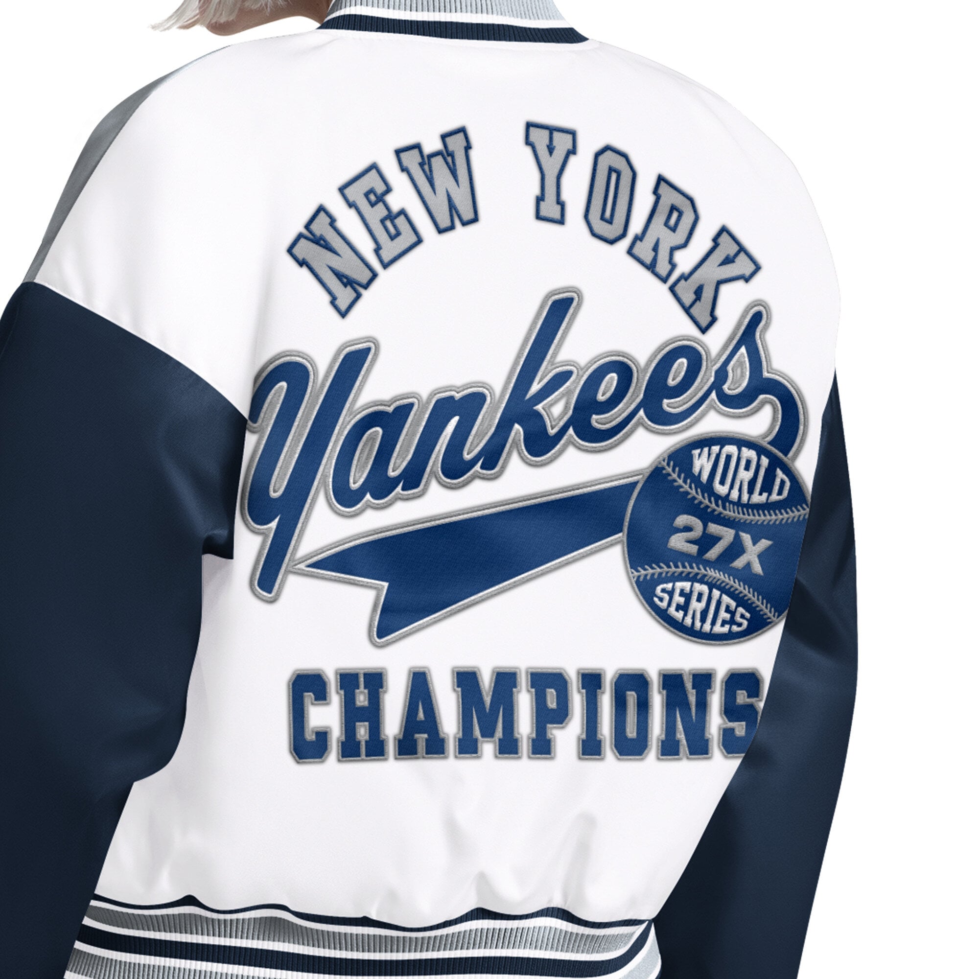 Veste universitaire Starter blanche pour femme, modèle Game On des Yankees de New York, à boutons-pression.