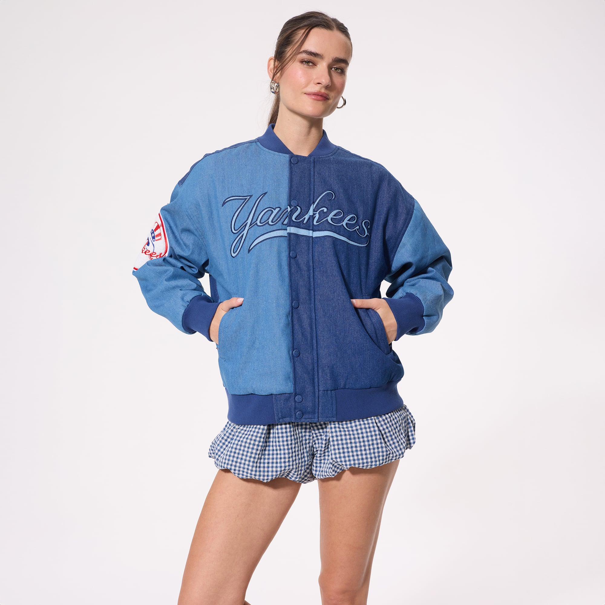 Veste bomber en denim bleu à blocs Terez pour femme
