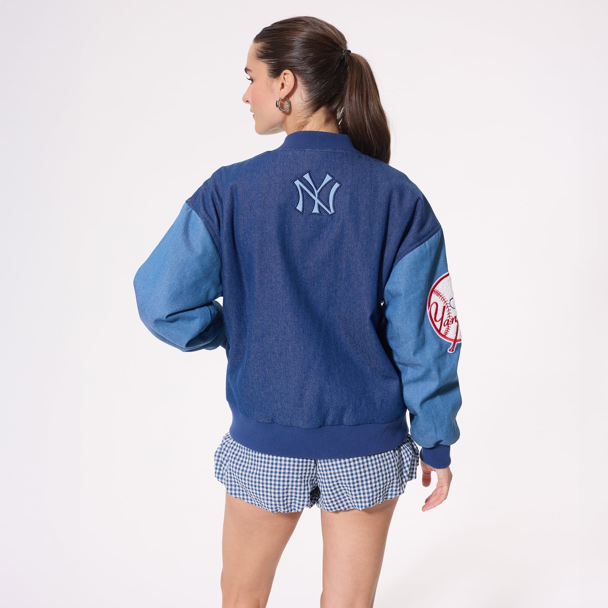 Veste bomber en denim bleu à blocs Terez pour femme
