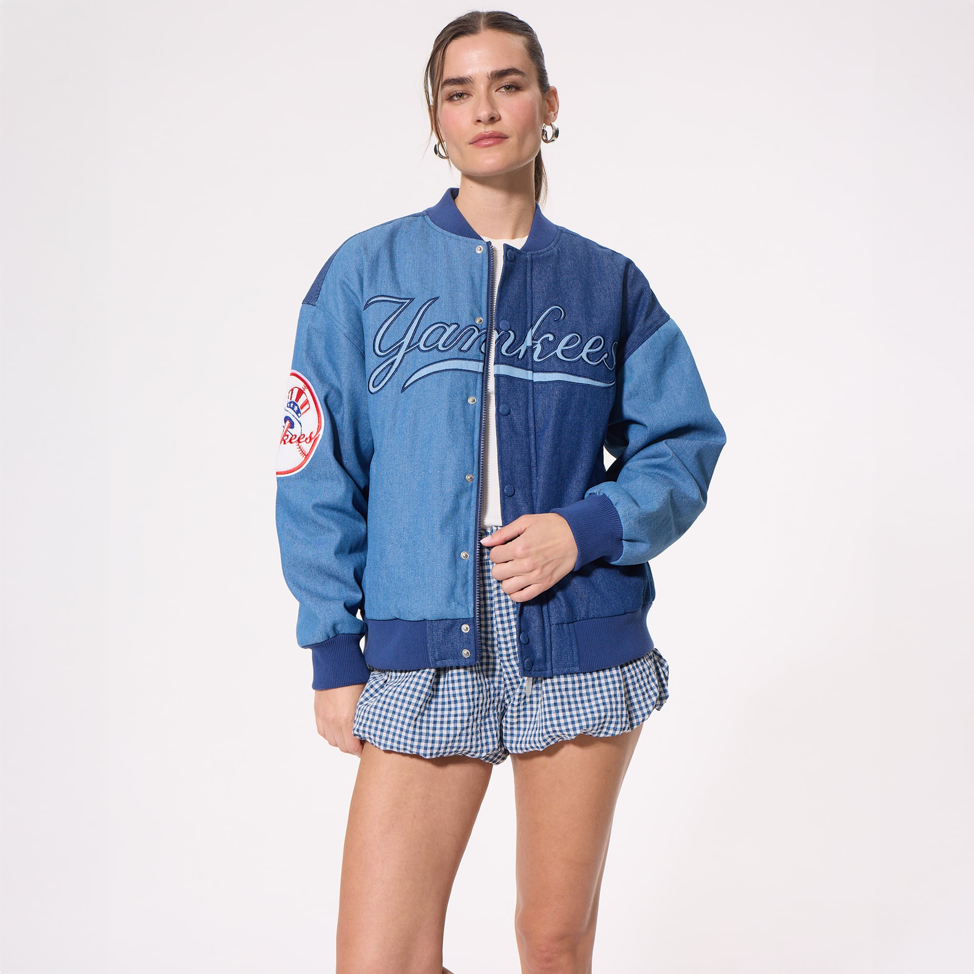Veste bomber en denim bleu à blocs Terez pour femme