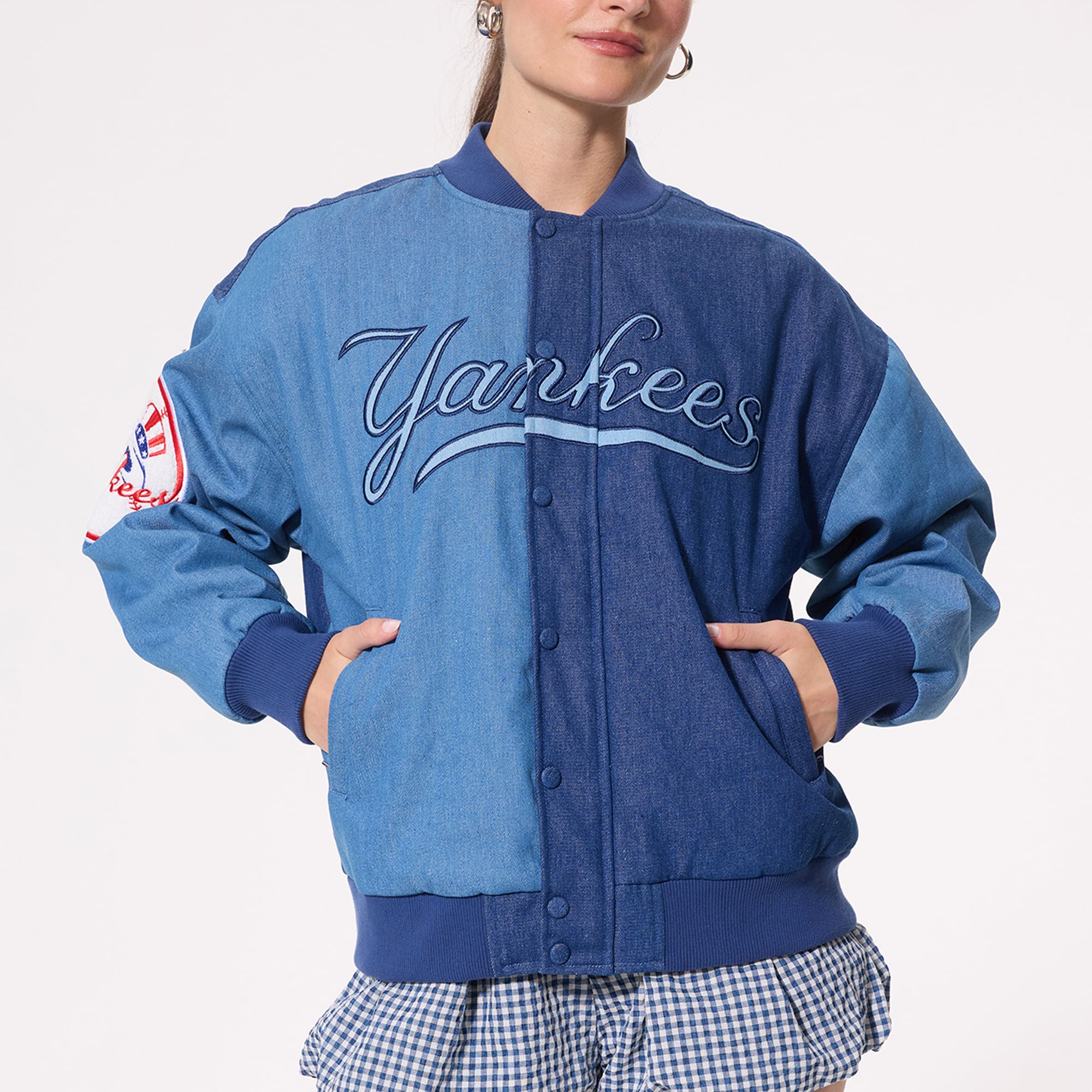 Veste bomber en denim bleu à blocs Terez pour femme