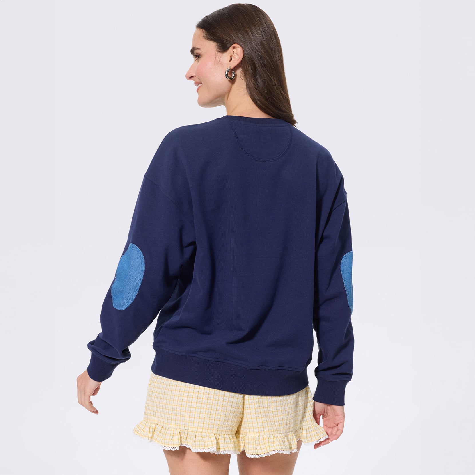 Sweat-shirt à col rond Terez pour femme, bleu marine, avec écusson en denim des Yankees de New York.