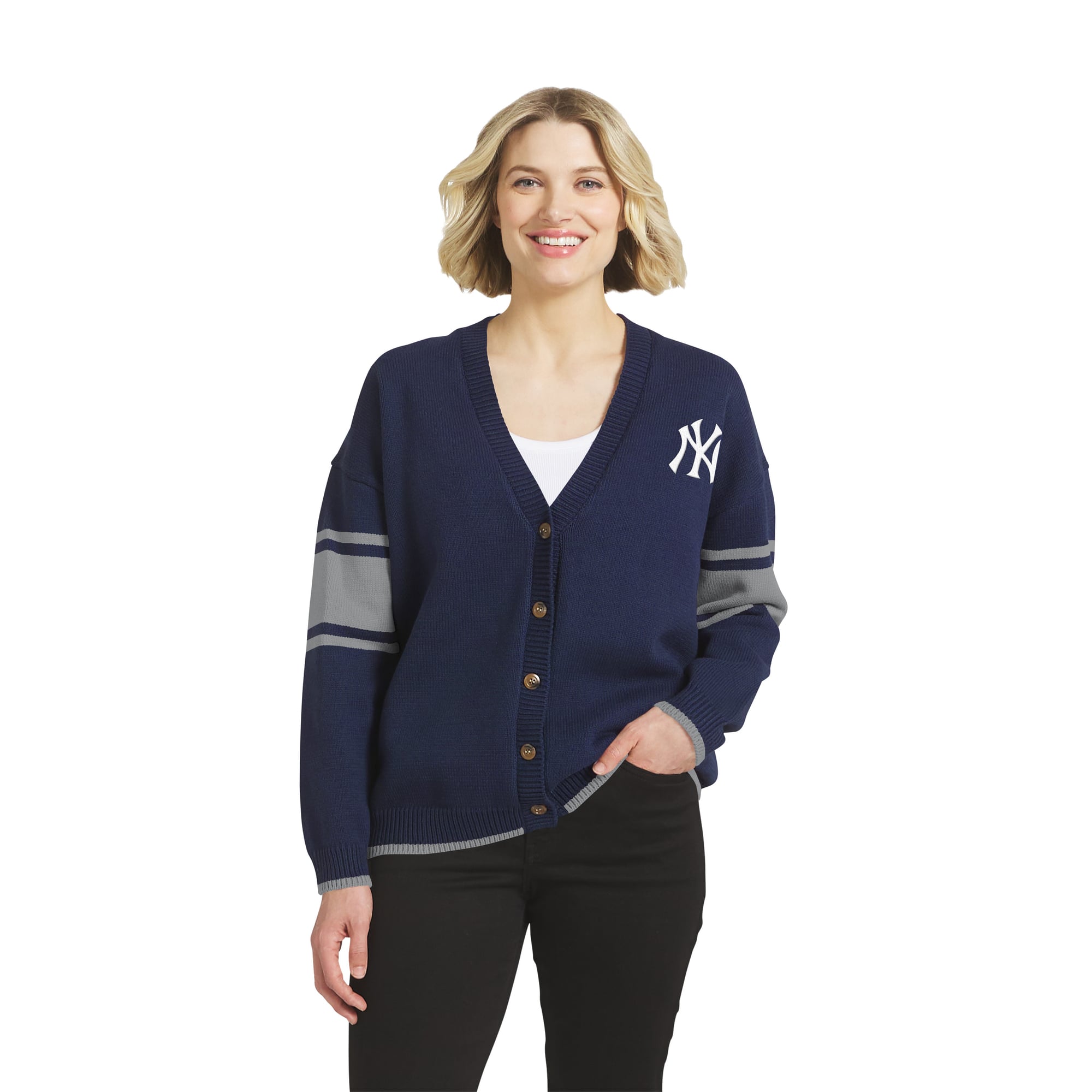 Women's WEAR by Erin Andrews Navy New York Yankees Button-Up Knit Cardigan