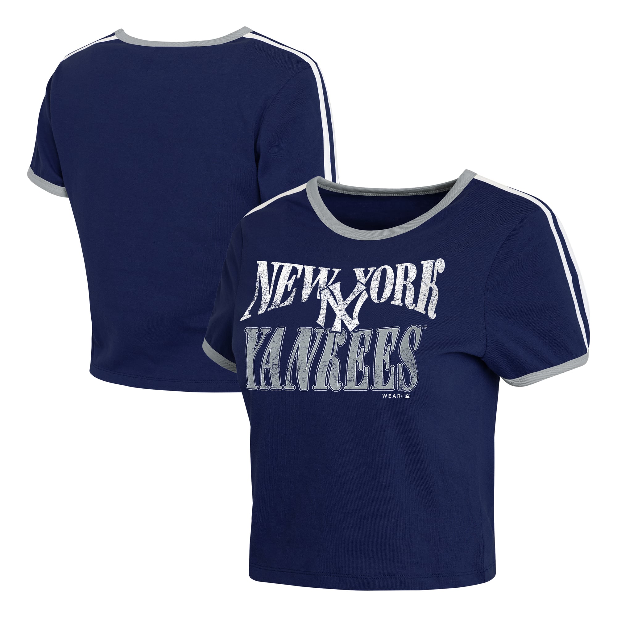 Women's WEAR by Erin Andrews Navy New York Yankees Cropped Throwback Ringer Baby T-Shirt
