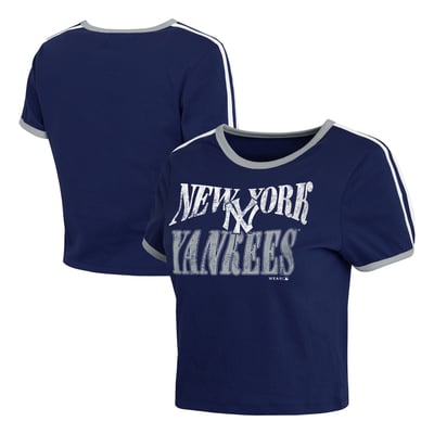  New York Yankees WEAR by Erin Andrews Women's Cropped Throwback Ringer Baby T-Shirt - Navy