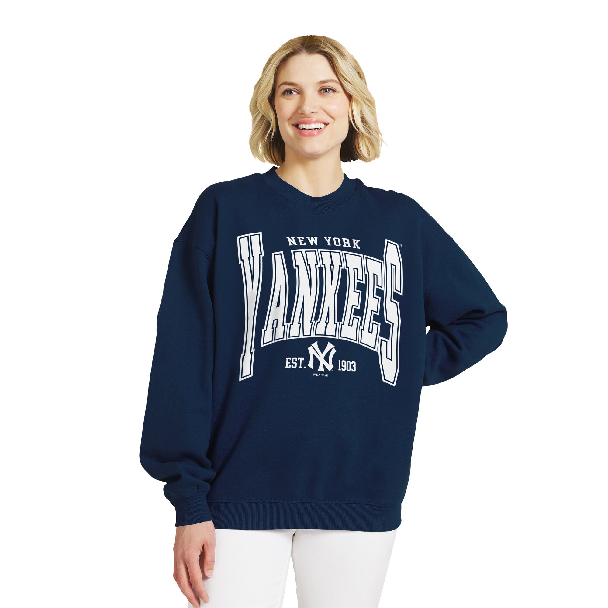 Women's WEAR by Erin Andrews Navy New York Yankees Oversized Team Fleece Sweatshirt
