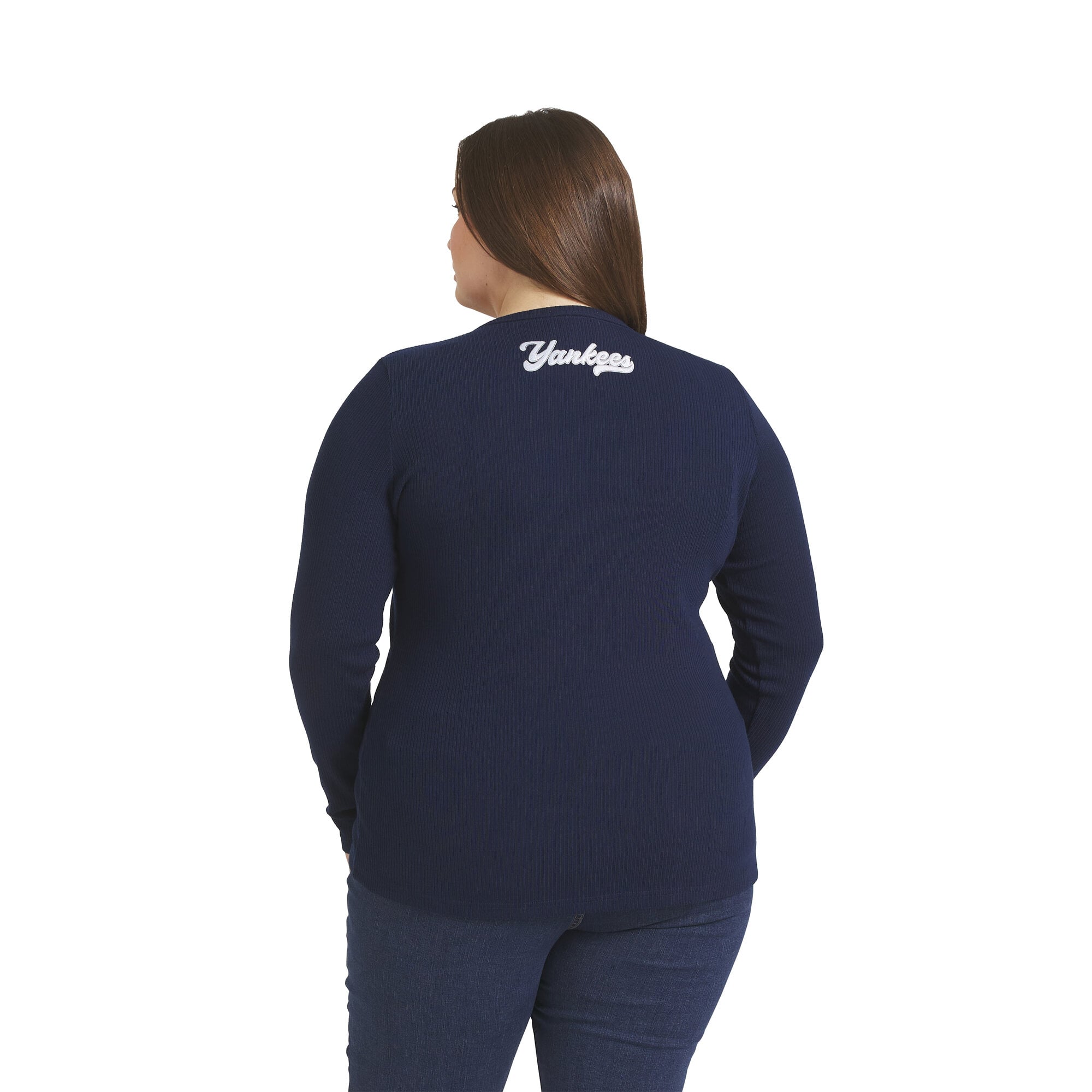 Women's WEAR by Erin Andrews Navy New York Yankees Plus Rib Knit Button-Down Sweater