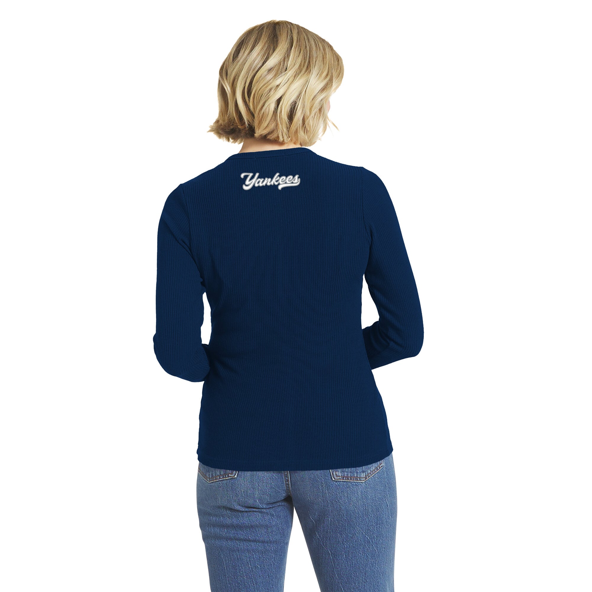 Women's WEAR by Erin Andrews Navy New York Yankees Rib Button-Up Sweater