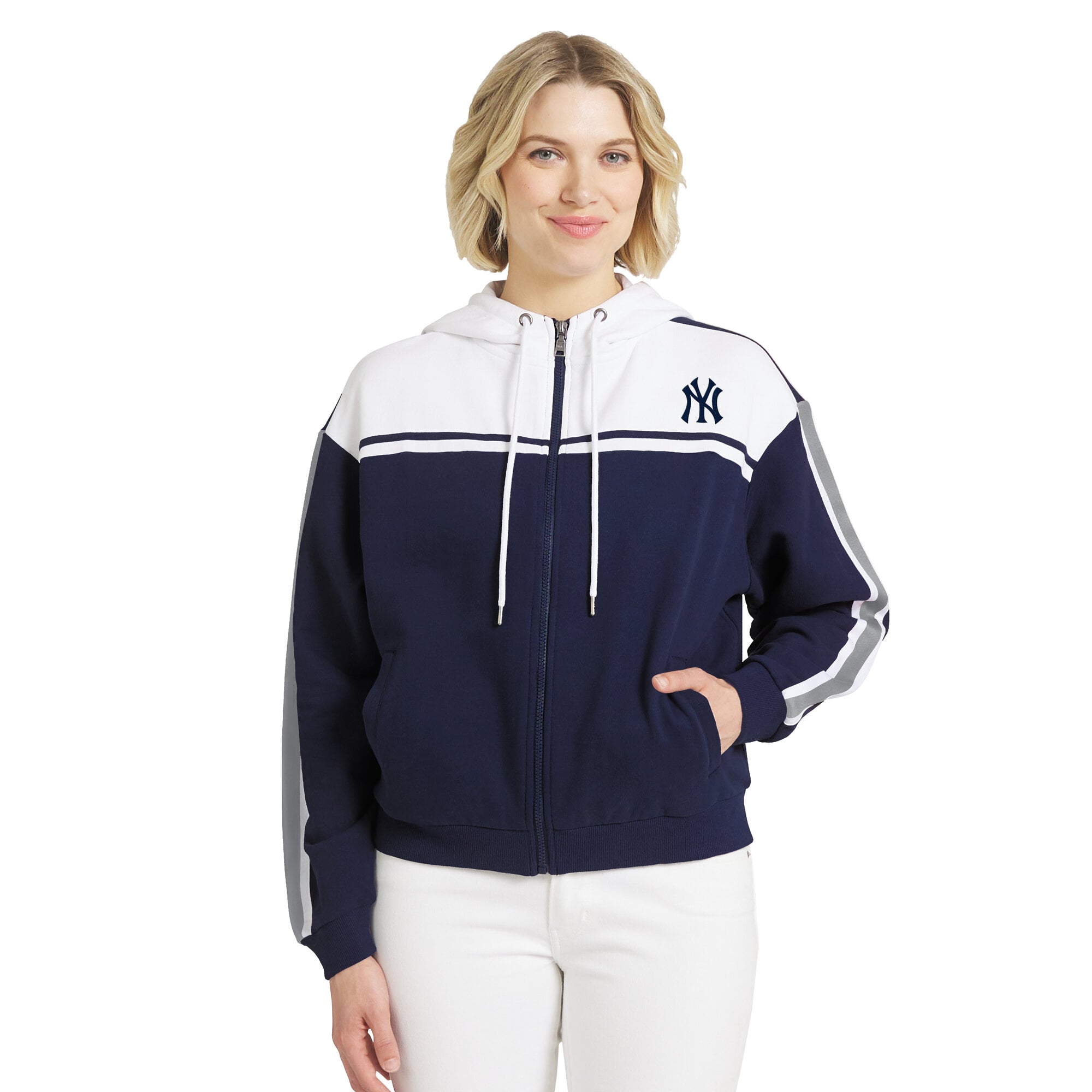 Sweat à capuche zippé WEAR by Erin Andrews pour femme, bleu marine et blanc, New York Yankees, color block.