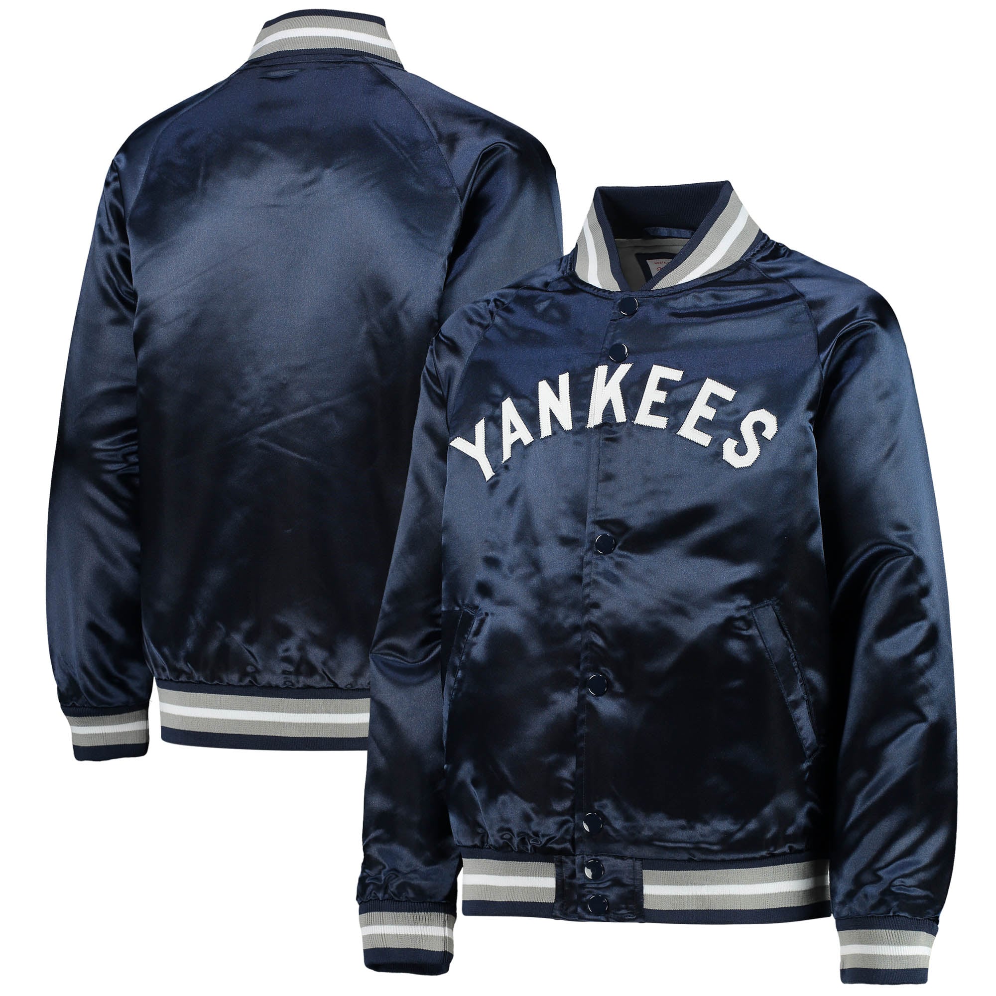 Veste raglan en satin bleu marine Mitchell & Ness pour enfant, collection Cooperstown des Yankees de New York, à boutons-pression.