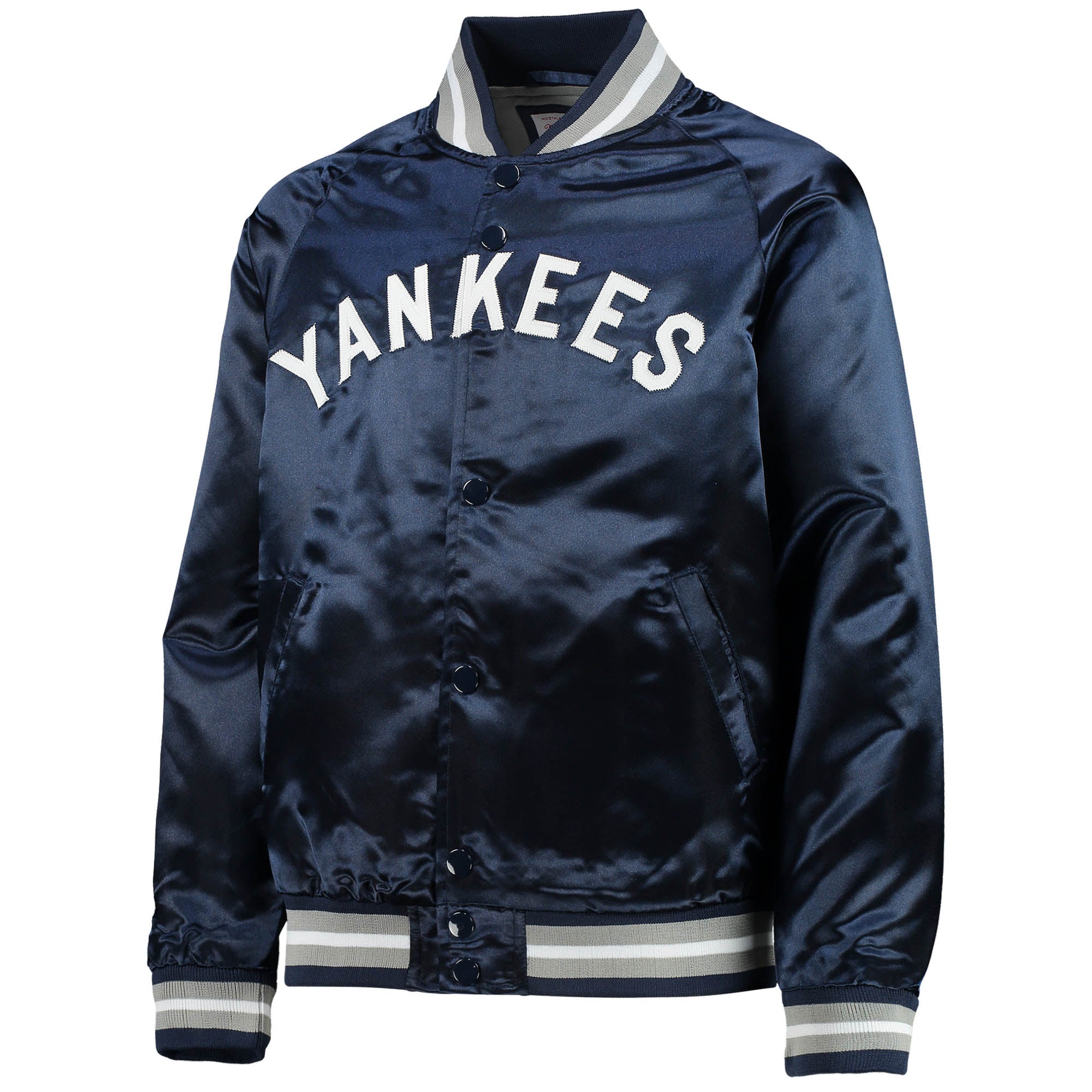 Veste raglan en satin bleu marine Mitchell & Ness pour enfant, collection Cooperstown des Yankees de New York, à boutons-pression.