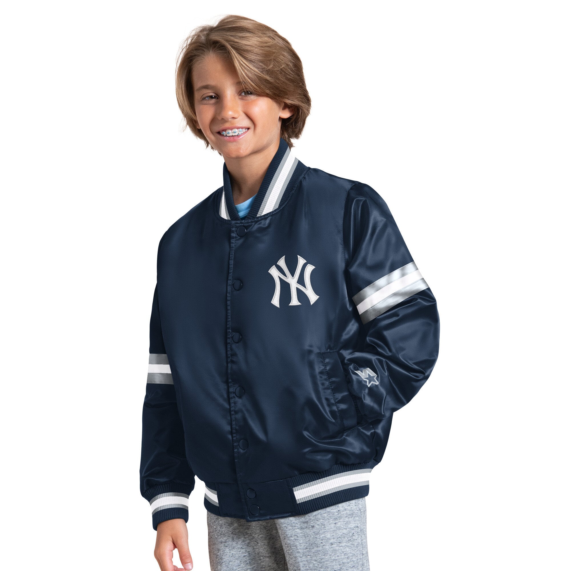 Veste universitaire junior à boutons-pression New York Yankees Courtside bleu marine pour jeunes