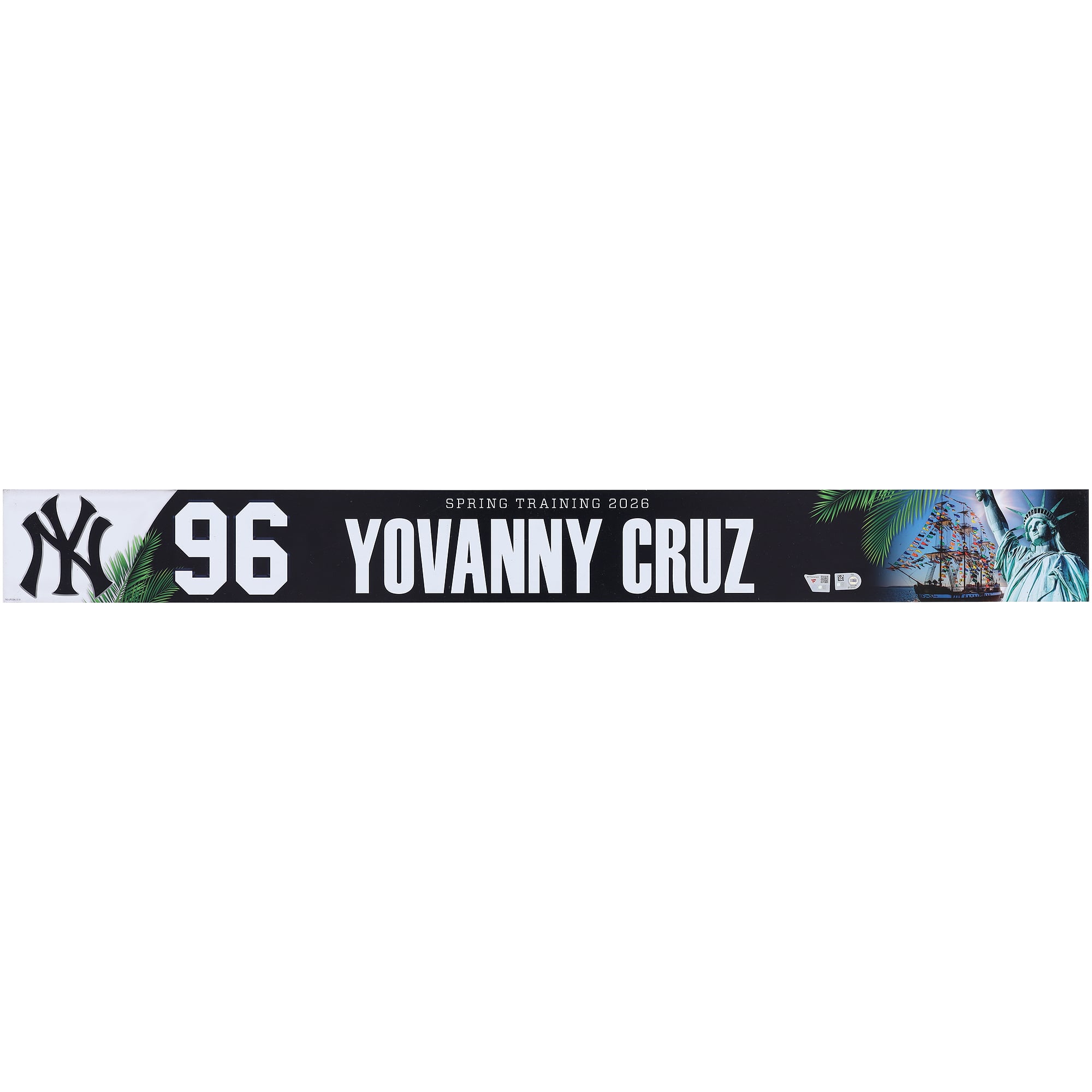 Plaque nominative n° 96 de Yovanny Cruz, joueur des Yankees de New York, lors du camp d'entraînement de printemps de la MLB 2026