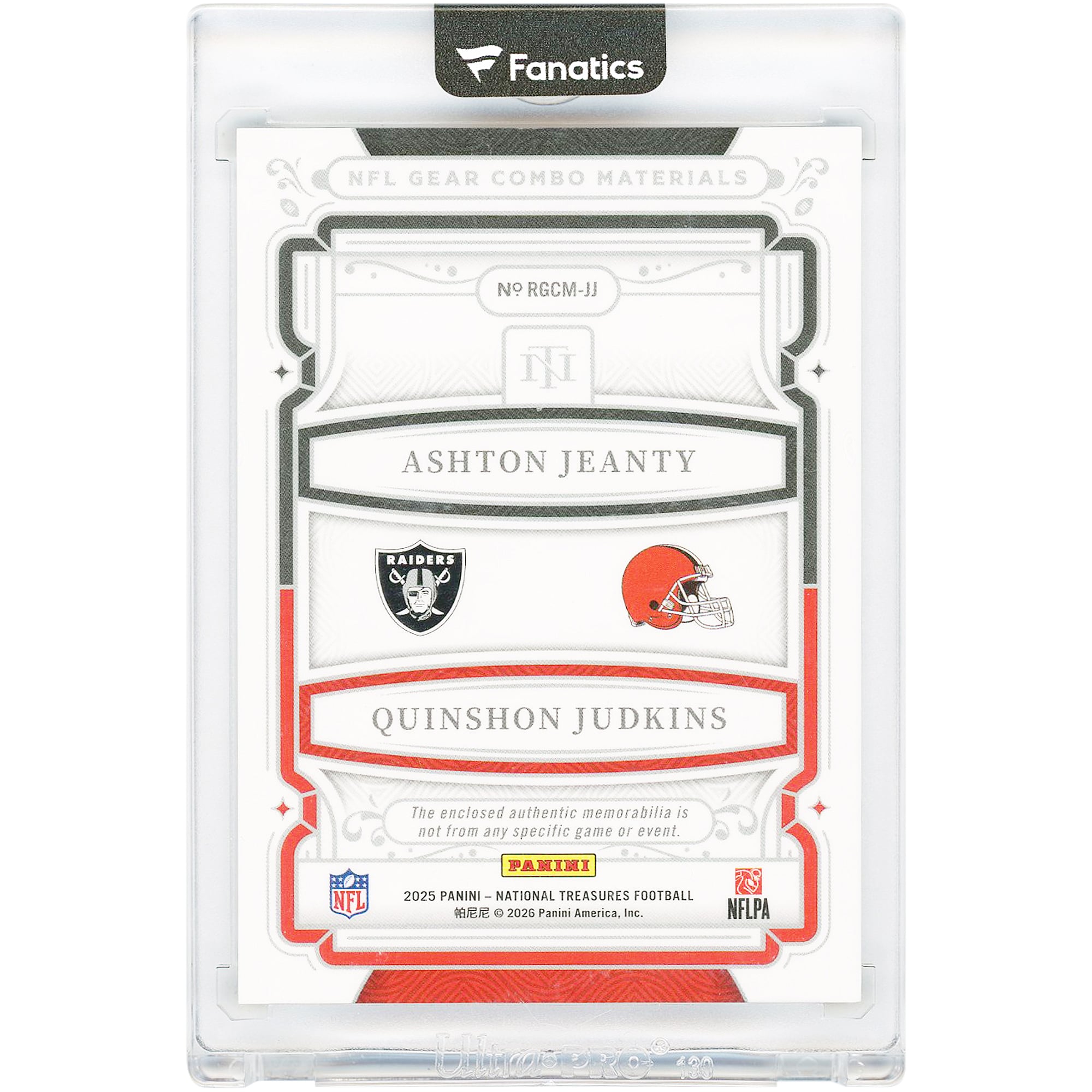 Ashton Jeanty & Quinshon Judkins 2025 Panini National Treasures Dual Nike Swoosh Relic #RGCM-JJ #1/1 Rookie Card