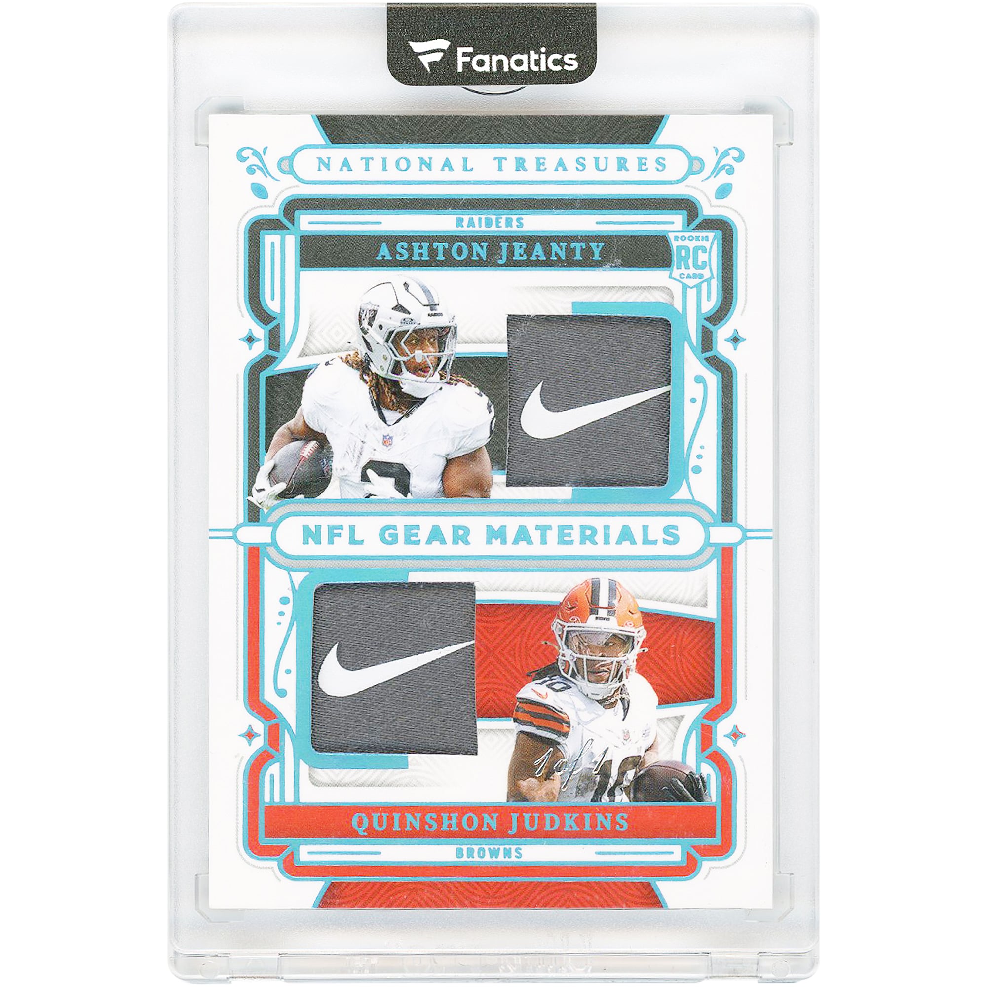 Ashton Jeanty & Quinshon Judkins 2025 Panini National Treasures Dual Nike Swoosh Relic #RGCM-JJ #1/1 Rookie Card