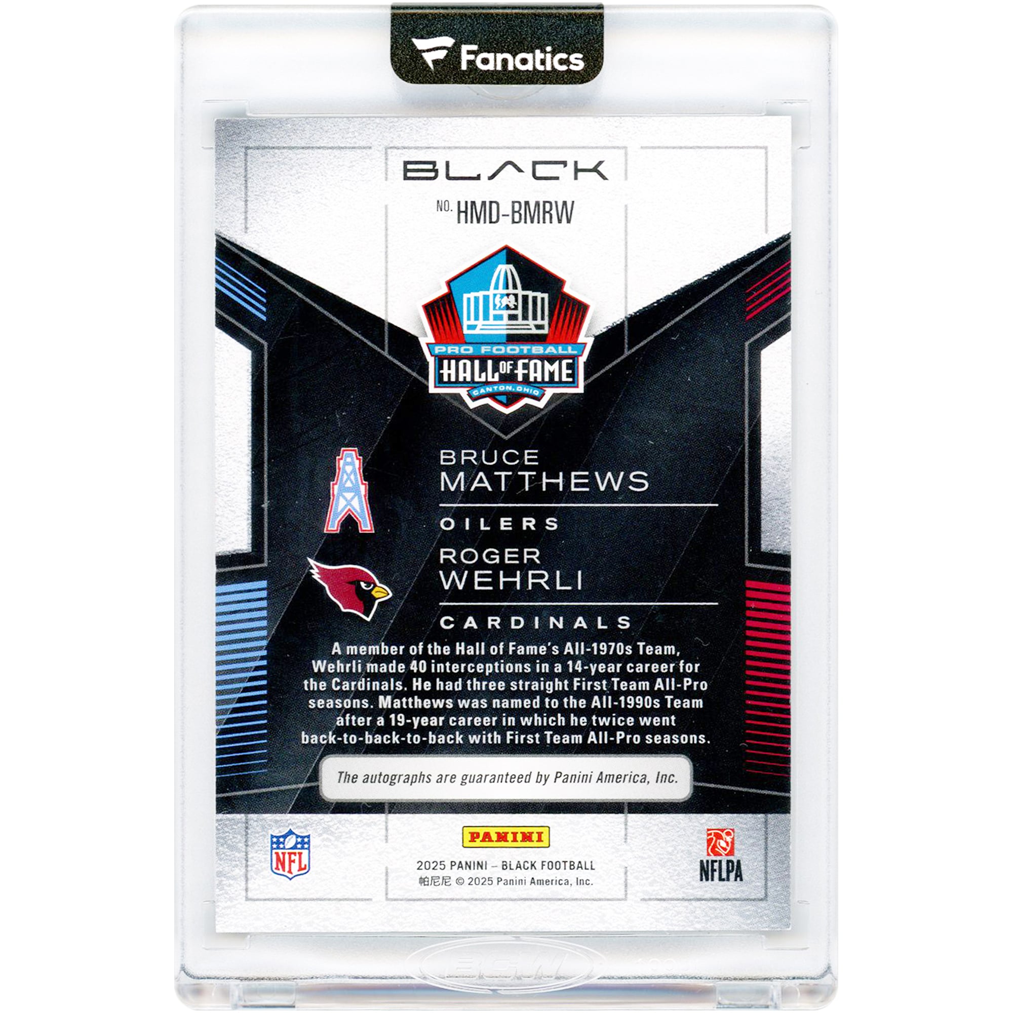 Carte Panini Black Hall Mates Dual 2025 autographiée par Bruce Matthews et Roger Wehrli #HMD-BMRW #37/50