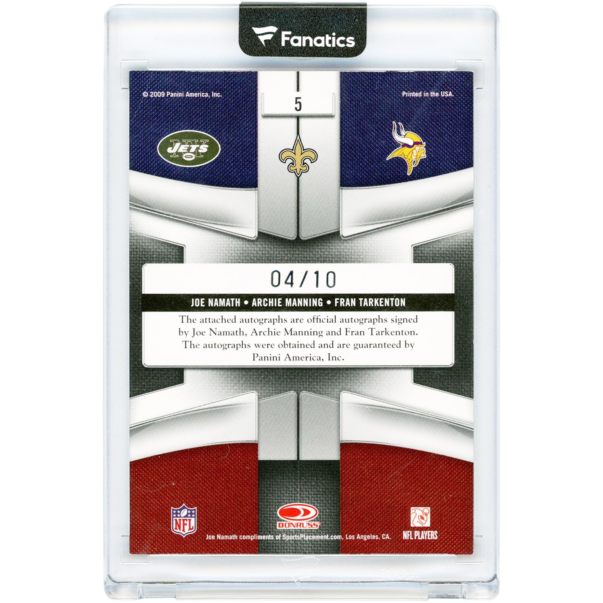 Joe Namath, Archie Manning & Fran Tarkenton Autographed 2009 Donruss Playoff National Treasures 1972 League Leaders #5 #4/10 Card