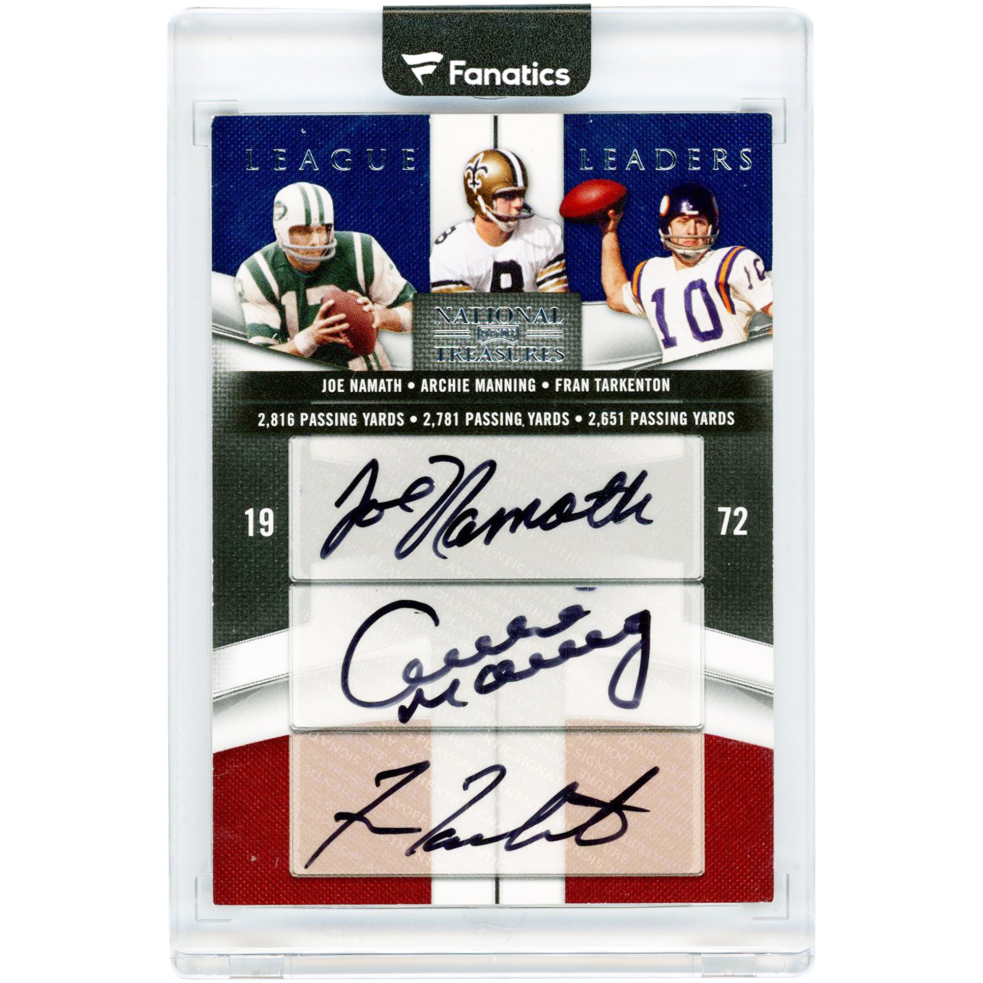 Joe Namath, Archie Manning & Fran Tarkenton Autographed 2009 Donruss Playoff National Treasures 1972 League Leaders #5 #4/10 Card