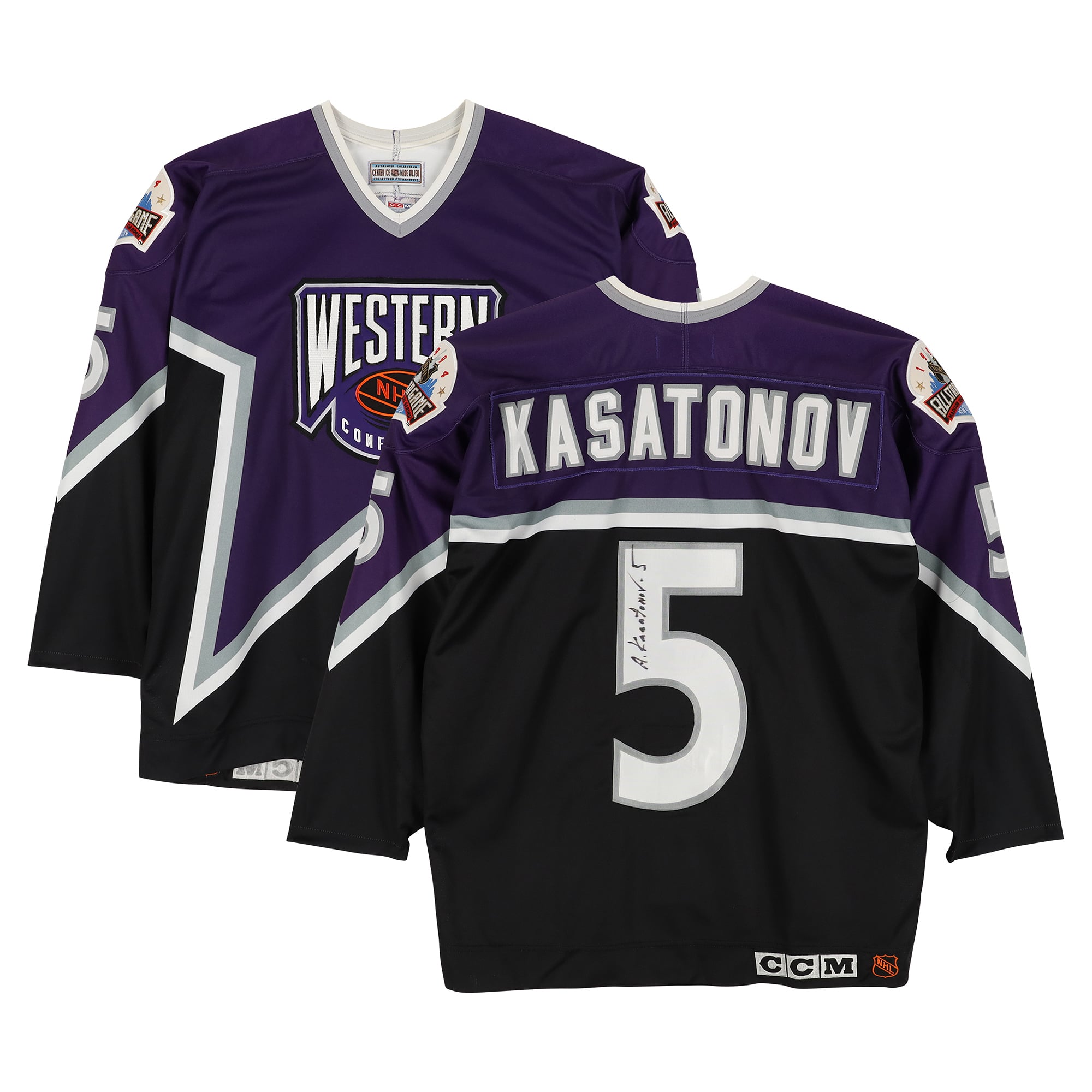 Maillot violet n° 5 autographié par Alexei Kasatonov (Conférence Ouest) porté lors du Match des étoiles de la LNH de 1994