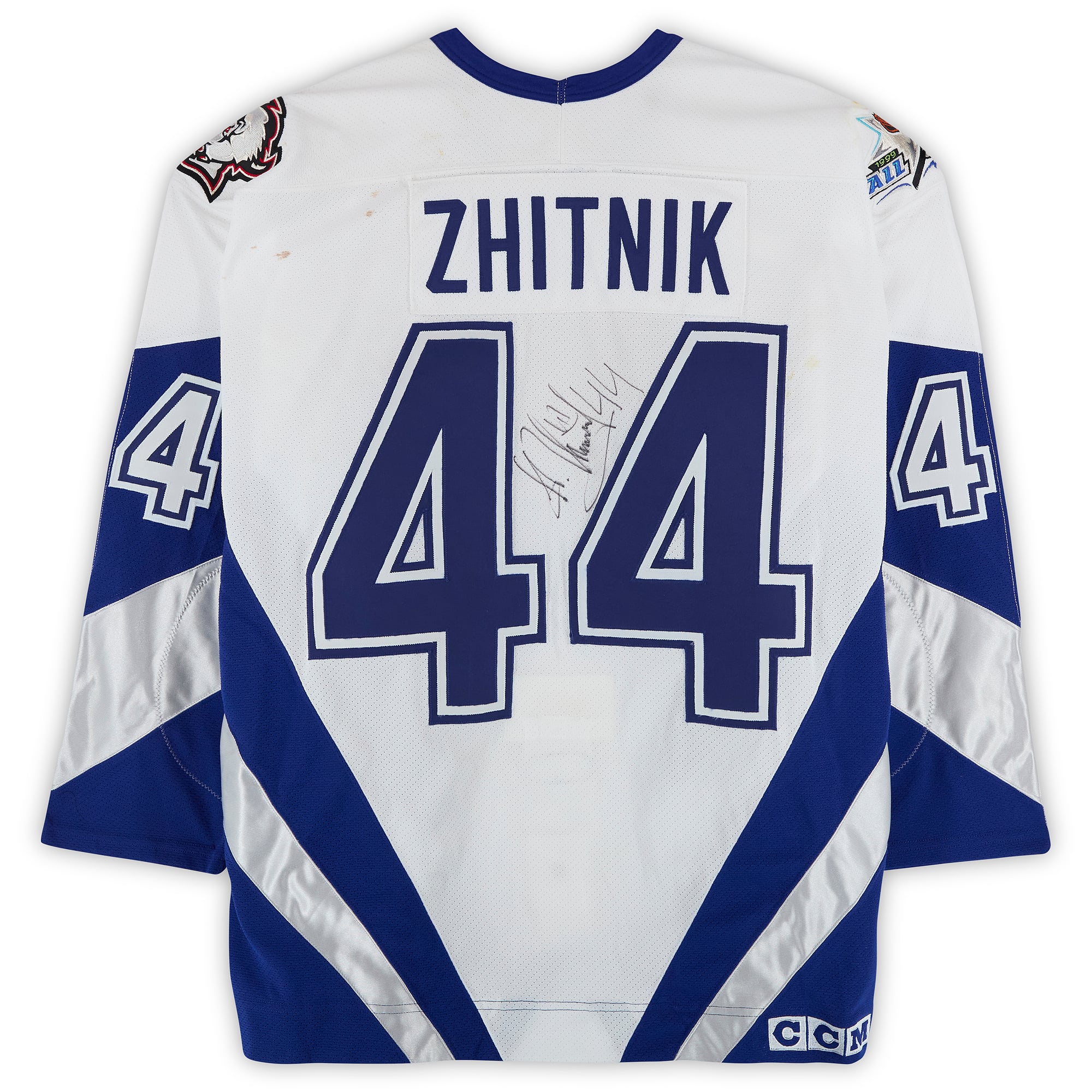 Alexei Zhitnik Team World Autographed Game-Used #44 White Jersey from the 1999 NHL All-Star Game