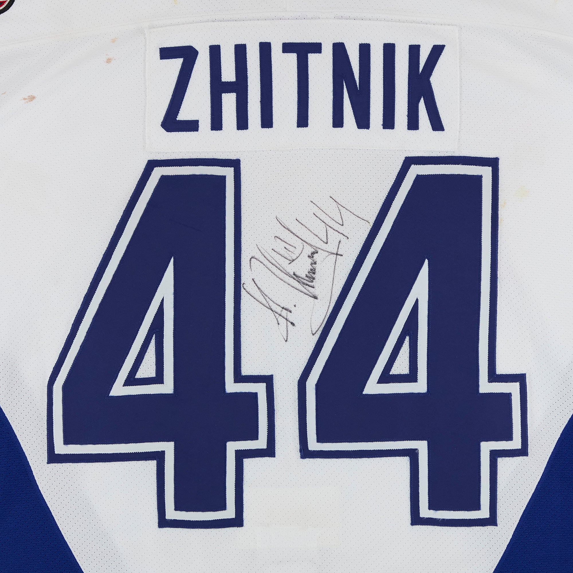 Alexei Zhitnik Team World Autographed Game-Used #44 White Jersey from the 1999 NHL All-Star Game