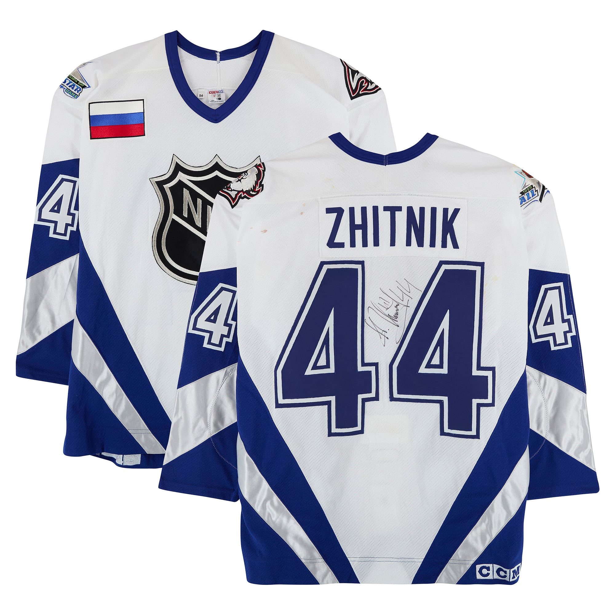 Alexei Zhitnik Team World Autographed Game-Used #44 White Jersey from the 1999 NHL All-Star Game