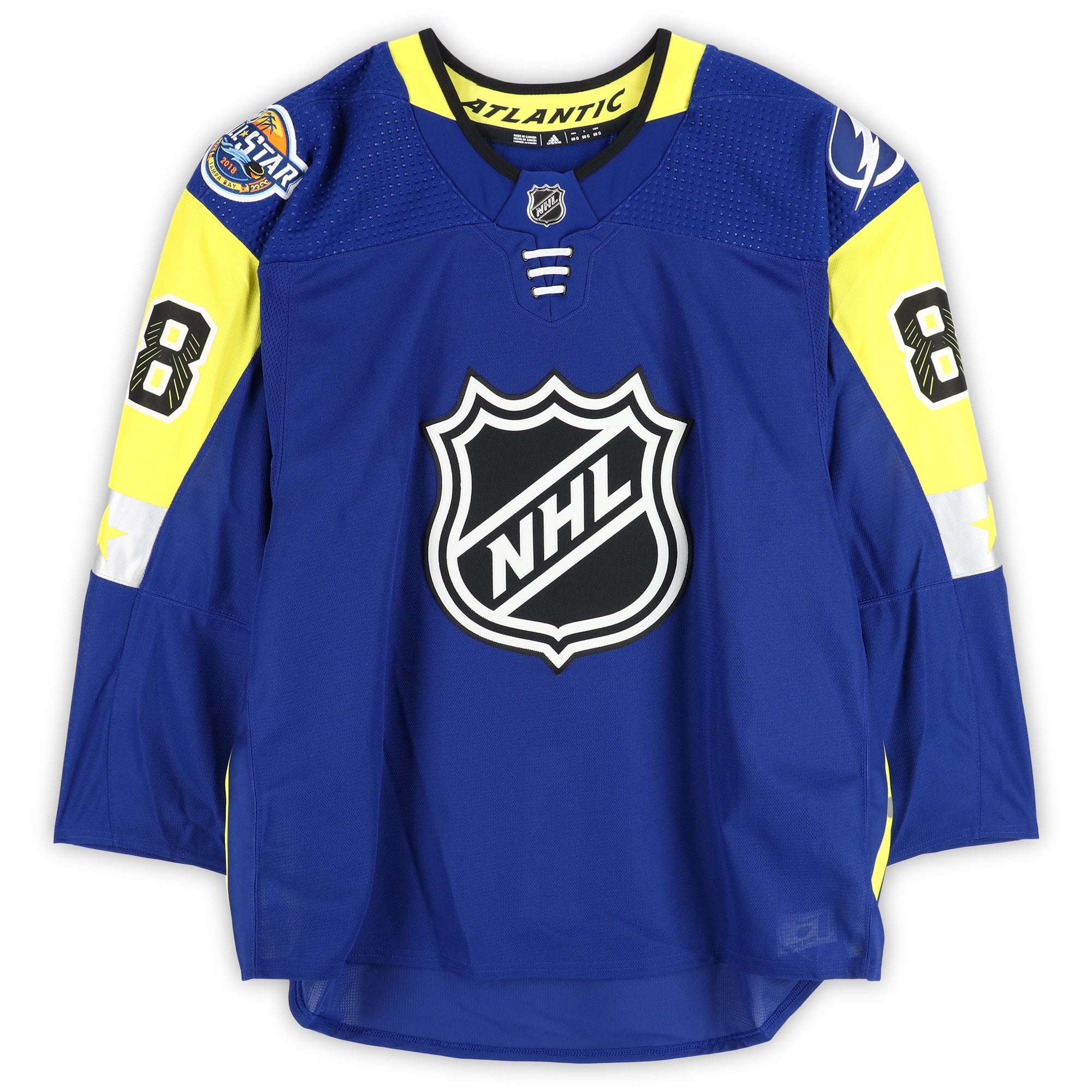 Maillot bleu numéro 88 porté par Andrei Vasilevskiy, joueur de la division Atlantique, lors du match des étoiles de la LNH 2018