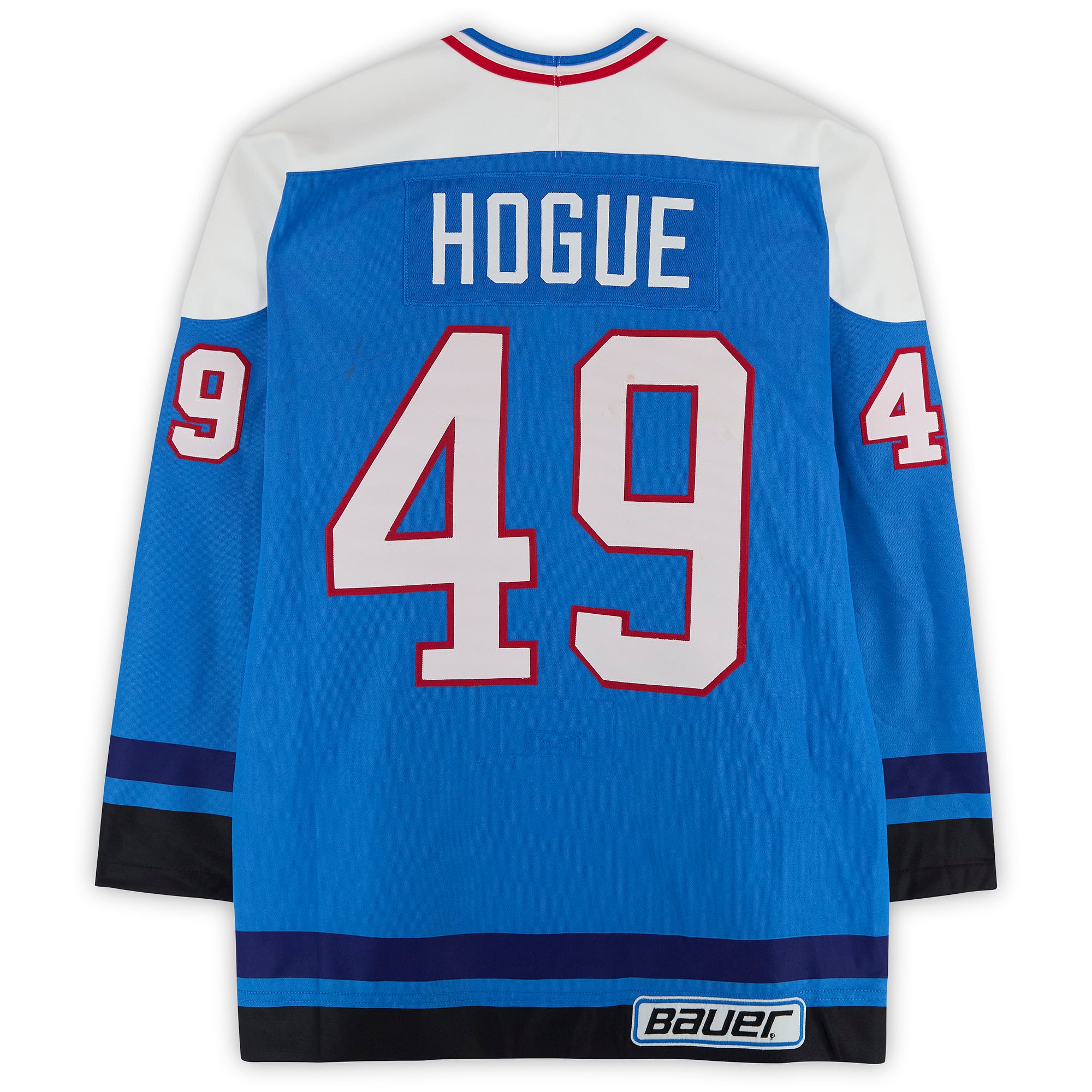 Benoît Hogue Team Quebec Game-Used #49 Blue Bauer Jersey from the 1994 NHL 4 on 4 Challenge