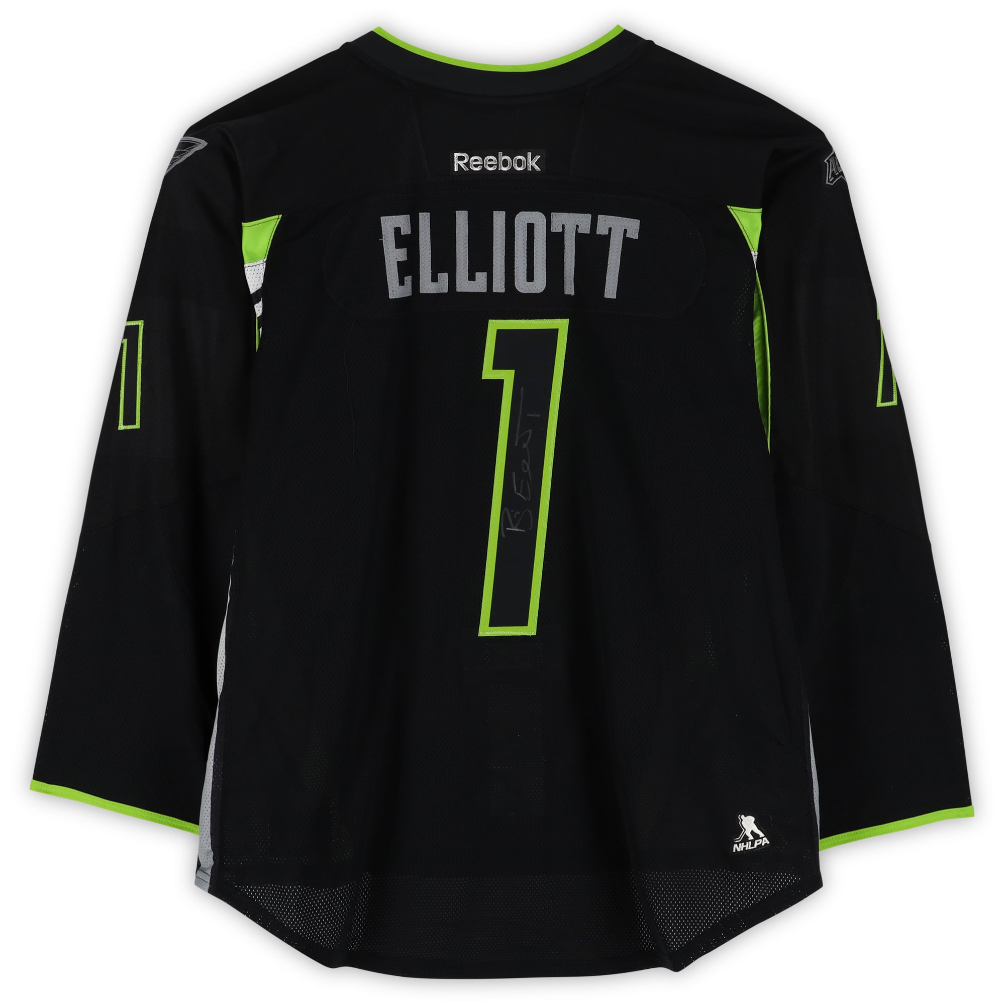 Maillot noir numéro 1 autographié par Brian Elliott (équipe Foligno) lors du match des étoiles de la LNH 2015.