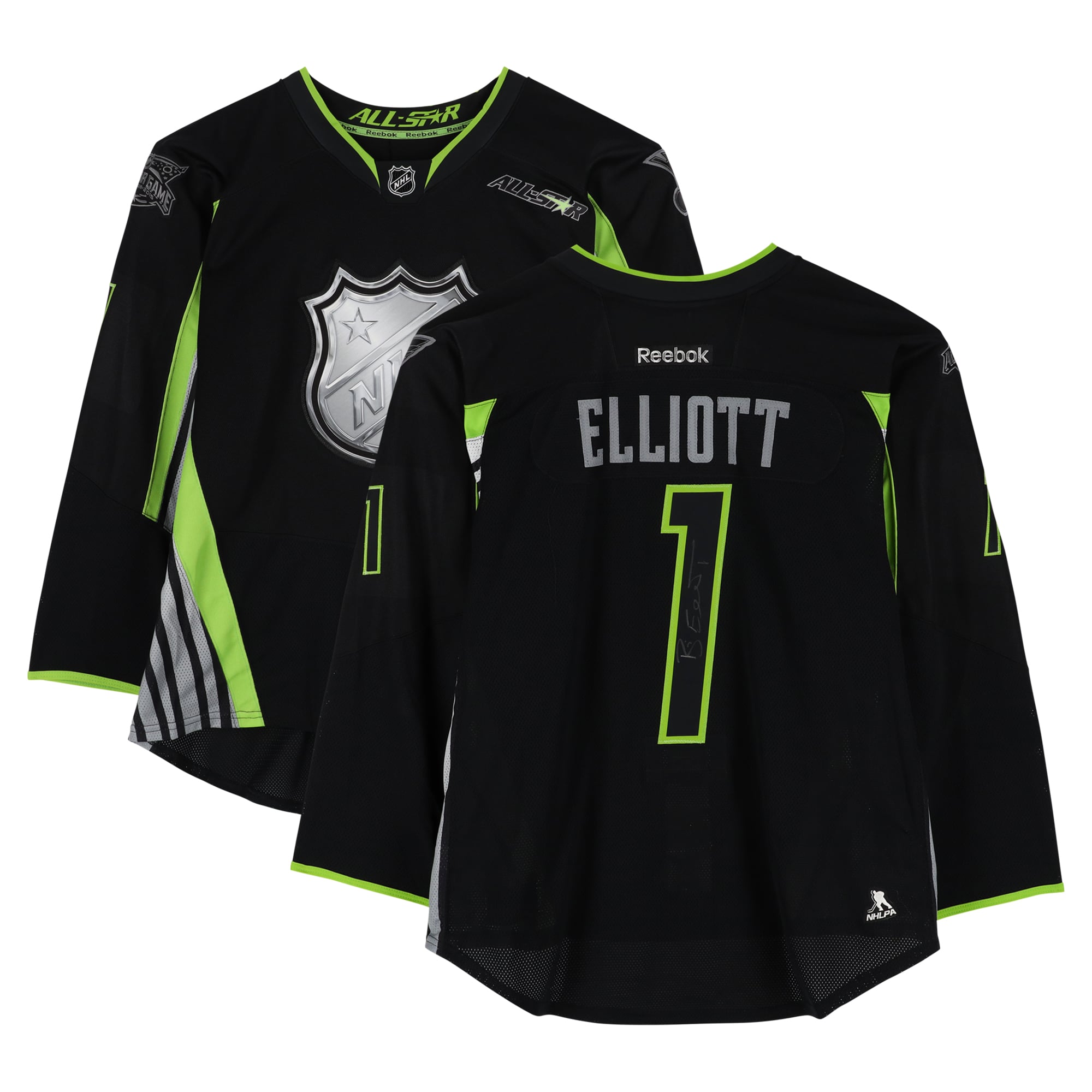 Maillot noir numéro 1 autographié par Brian Elliott (équipe Foligno) lors du match des étoiles de la LNH 2015.