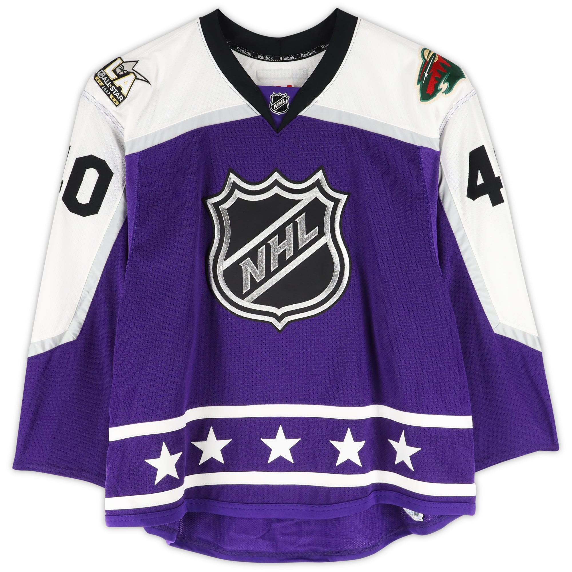 Maillot violet n° 40 porté par Devan Dubnyk (division Centrale) lors du Match des étoiles de la LNH 2017
