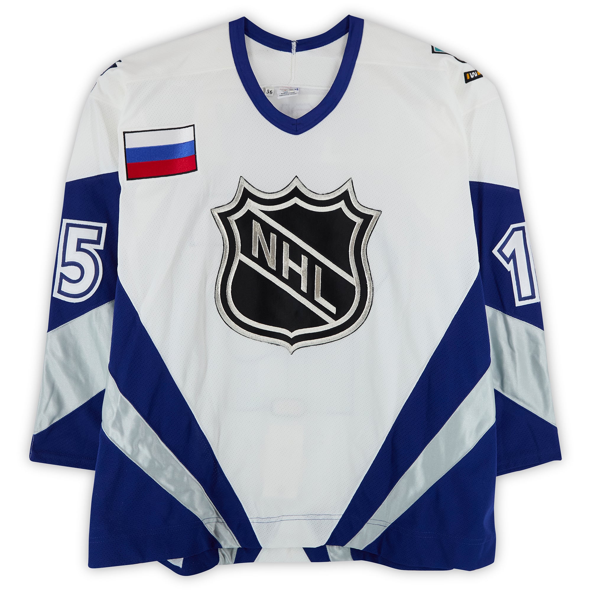 Dmitri Mironov Team World Autographed Game-Used #15 White Jersey from the 1998 NHL All-Star Game